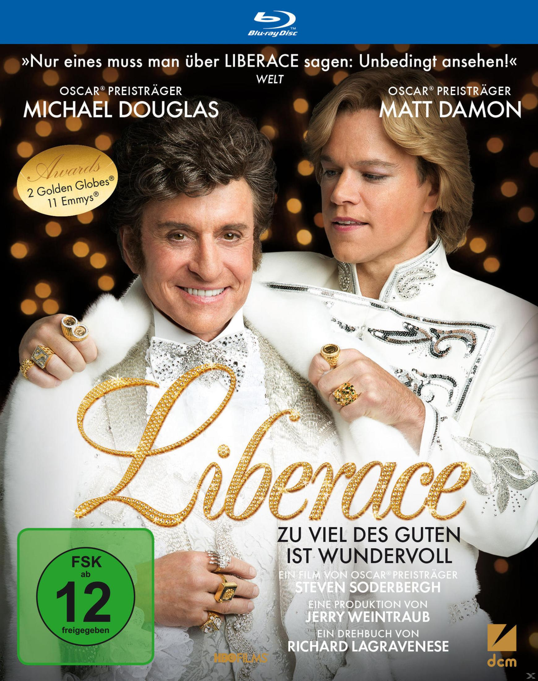 Michael Douglas und Matt Damon posieren in weißen, glitzernden Outfits. Blu-ray Cover.