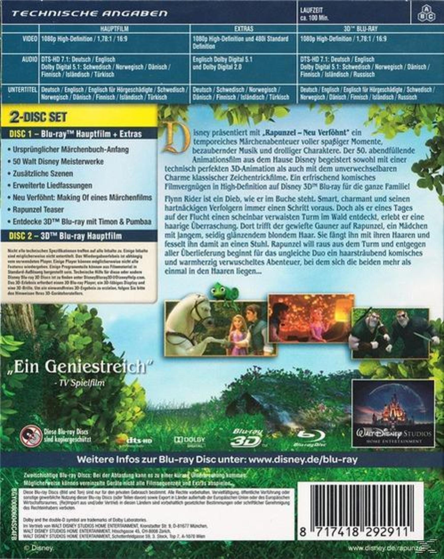 Die Rückseite der „Rapunzel“-Blu-ray enthält technische Daten und den Inhalt der Disc auf Deutsch.