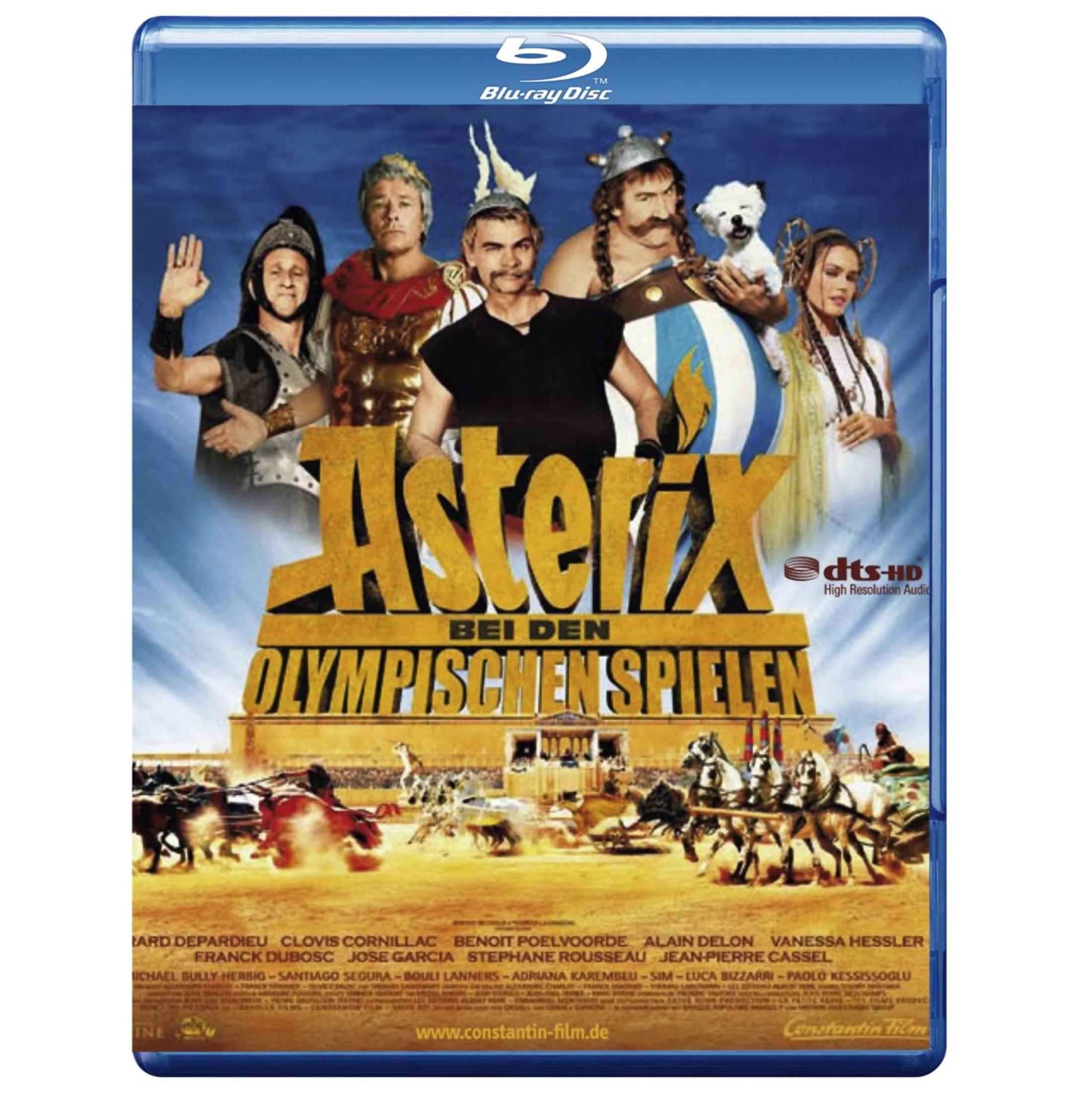 Filmplakat: Asterix bei den Olympischen Spielen mit Darstellern und Wagenrennen.