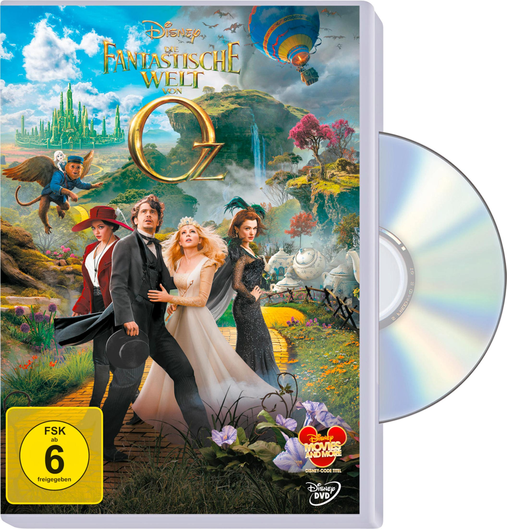 DVD "Oz the Great and Powerful" mit Charakteren, Smaragdstadt und einer Disc, die Fantasy-Elemente zeigt.