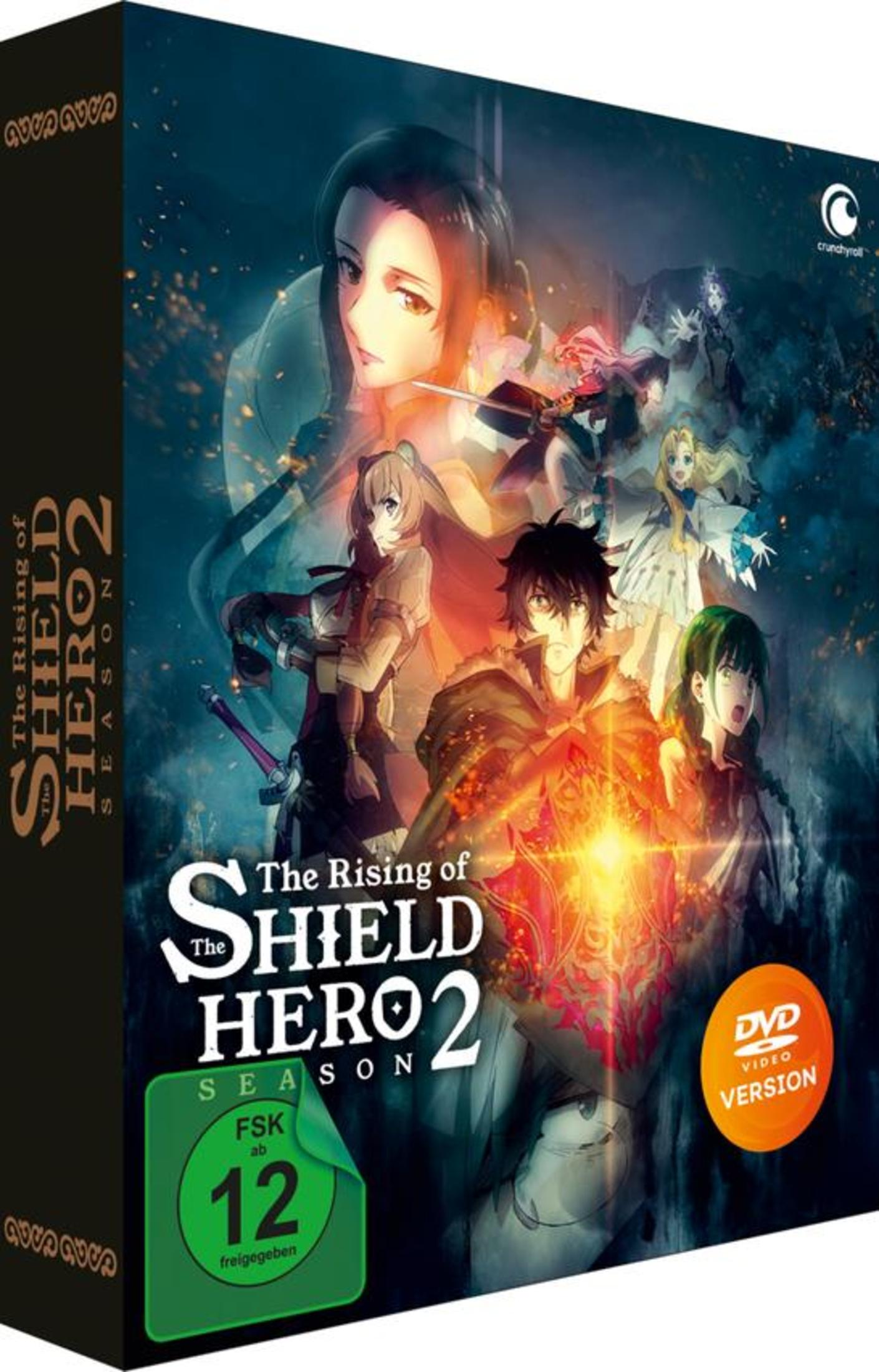 DVD-Cover von "The Rising of Shield Hero Season 2" mit Anime-Charakteren und FSK 12.