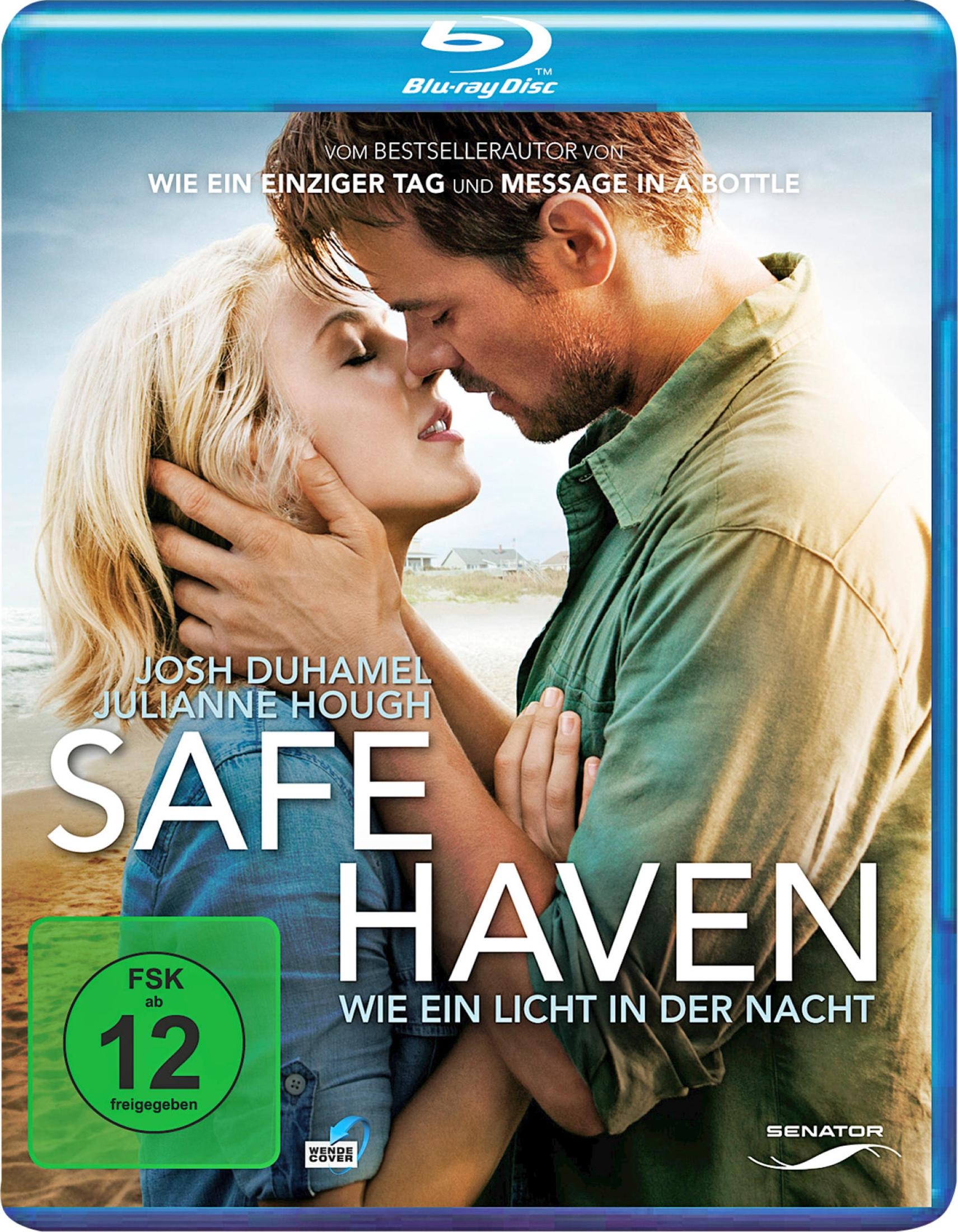 Ein Mann und eine Frau küssen sich am Strand. Filmplakat 'Safe Haven'.