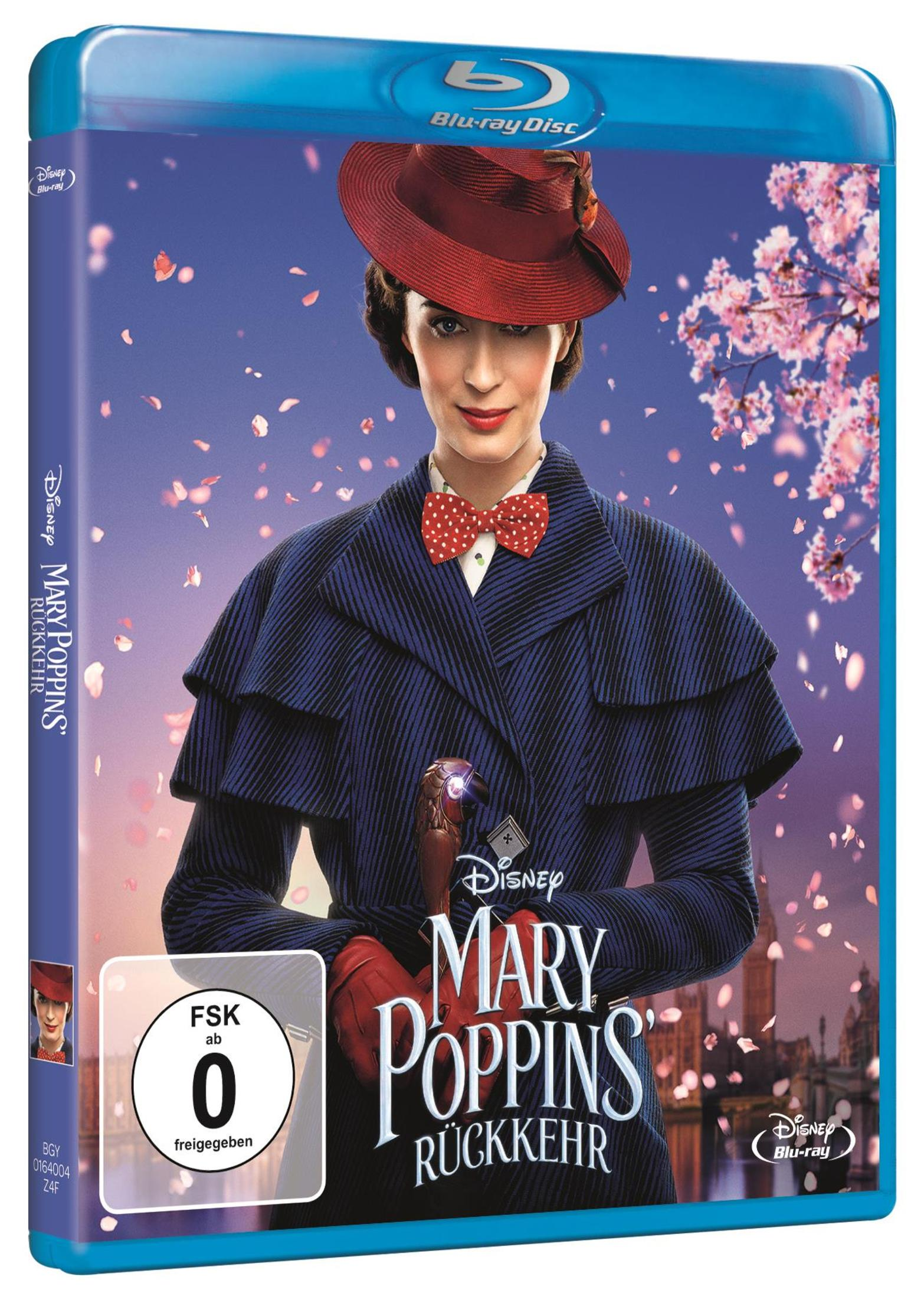 Mary Poppins Rückkehr Blu-ray Cover mit Emily Blunt in einem blauen Mantel und rotem Hut.