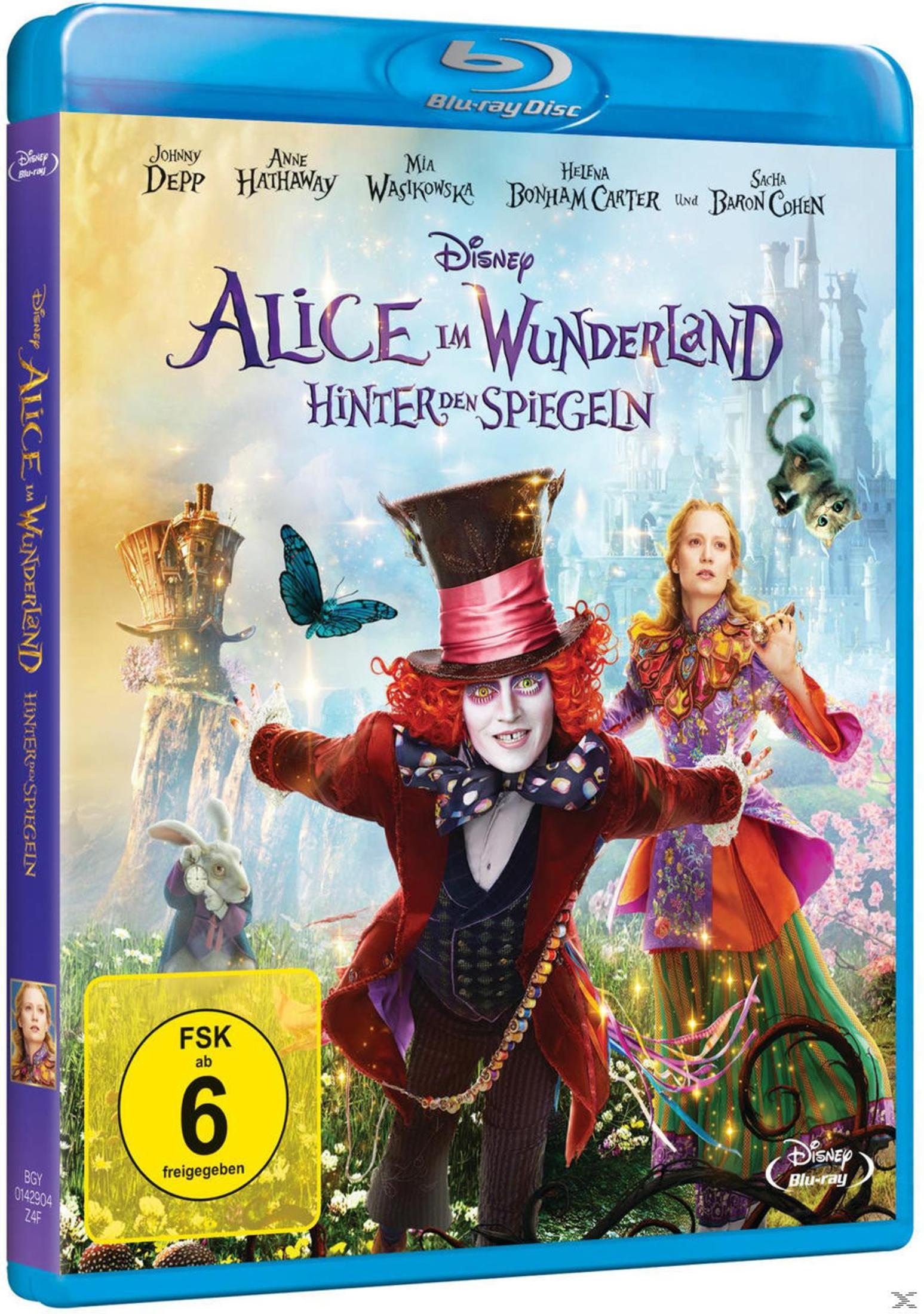 Alice im Wunderland: Hinter den Spiegeln Blu-ray Cover mit dem Mad Hatter und Alice in einer Fantasieumgebung.