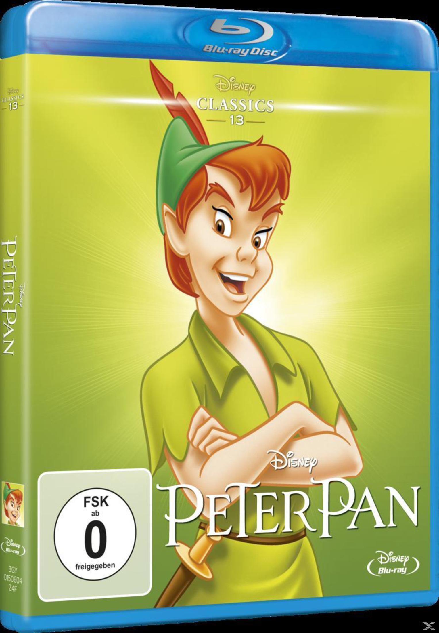 Das Peter Pan Blu-ray-Cover zeigt Peter in Grün, lächelnd vor einem hellgrünen Hintergrund.