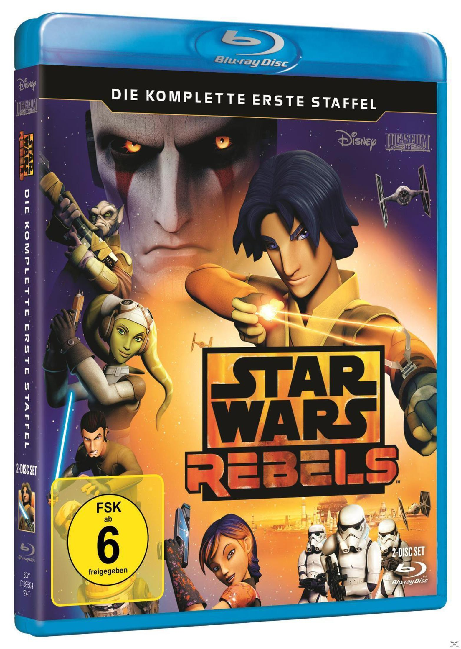 Das Blu-ray-Cover von Star Wars Rebels zeigt Zeichentrickfiguren und Raumschiffe in einem blauen Rahmen.