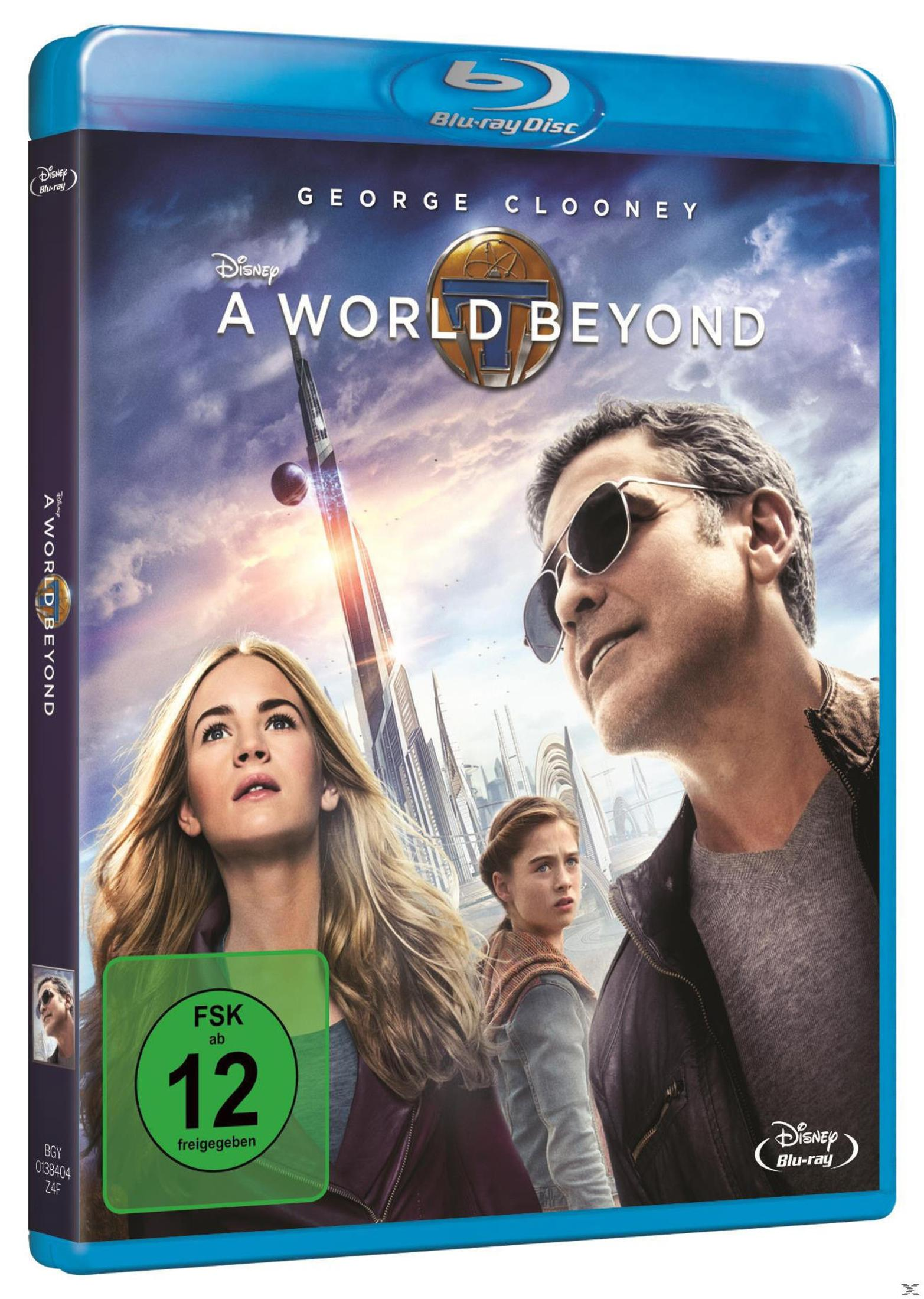 "A World Beyond" Blu-ray-Cover mit George Clooney und jungen Schauspielerinnen vor einer futuristischen Stadt.