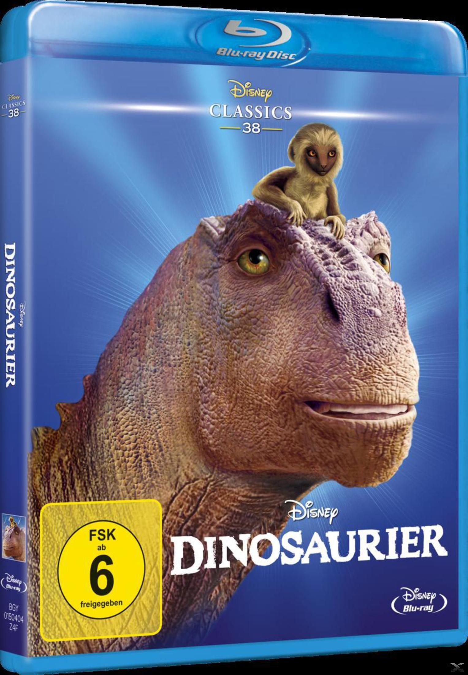 Das Blu-ray-Cover von Dinosaurier zeigt einen Dinosaurier mit einem Lemur auf dem Kopf vor blauem Hintergrund.