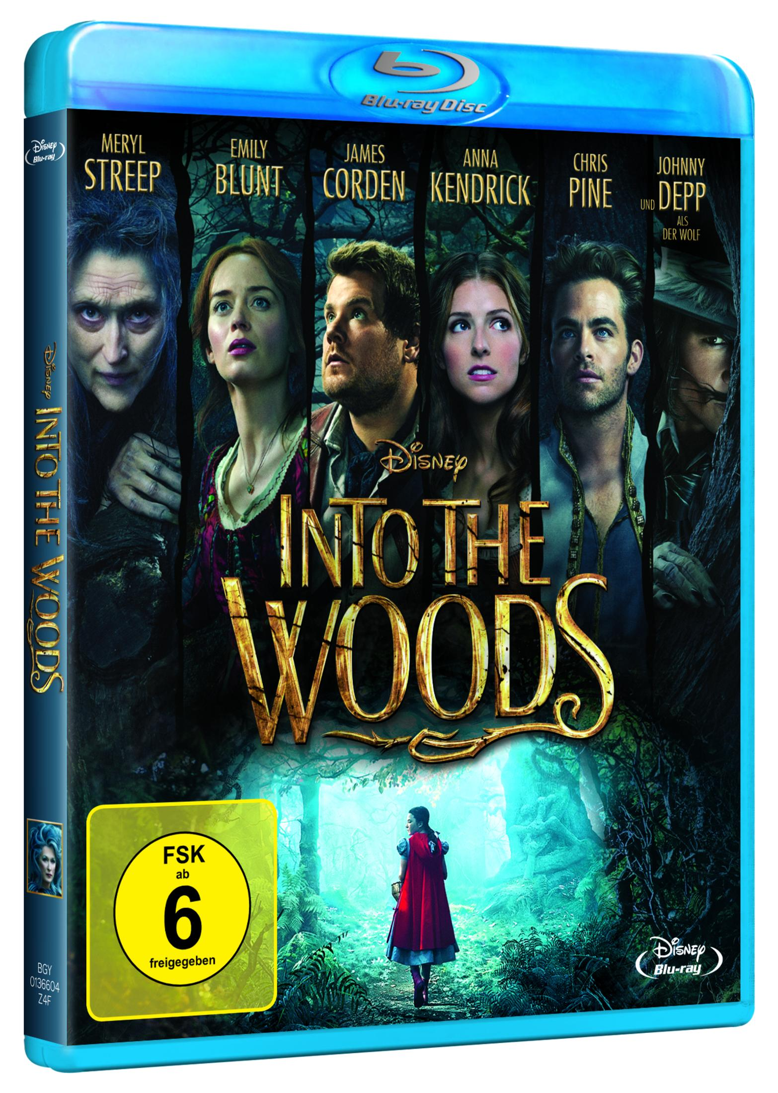 Filmcover für Into the Woods mit Gesichtern von Schauspielern und einer Frau im roten Umhang im Wald.