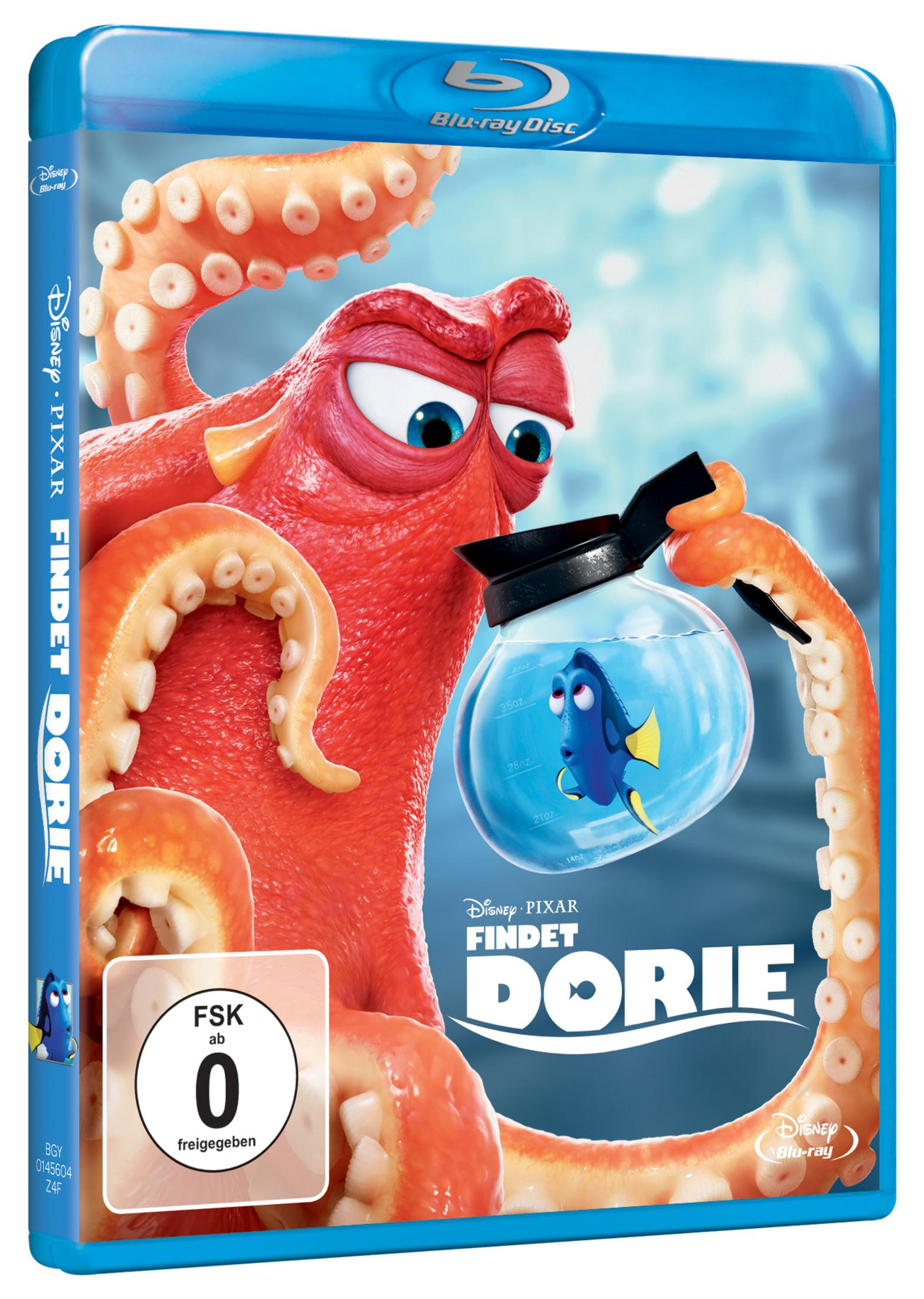 Findet Dorie Blu-ray Cover mit Hank, dem Tintenfisch, der eine Kaffeekanne mit Dorie darin hält.