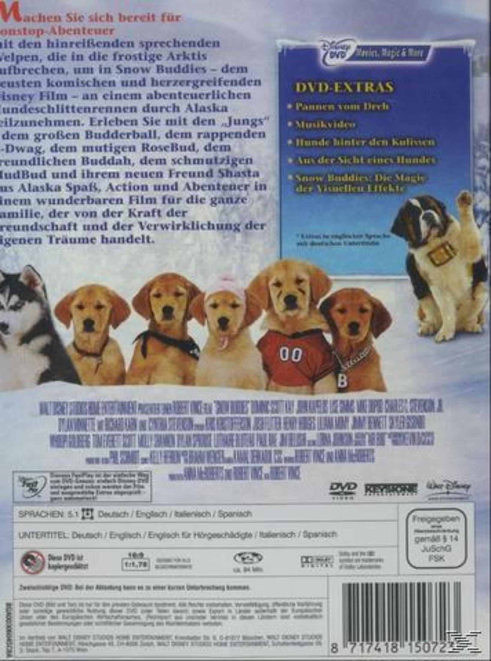 Rückseite der Snow Buddies DVD, die Welpen und Informationen auf Deutsch zeigt, darunter ein Husky und Golden Retriever.