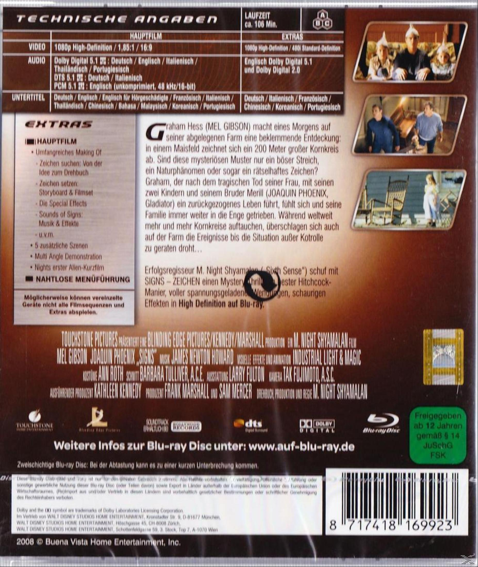 Die Rückseite des Signs Blu-ray zeigt Text und Bilder mit Details zum Film.