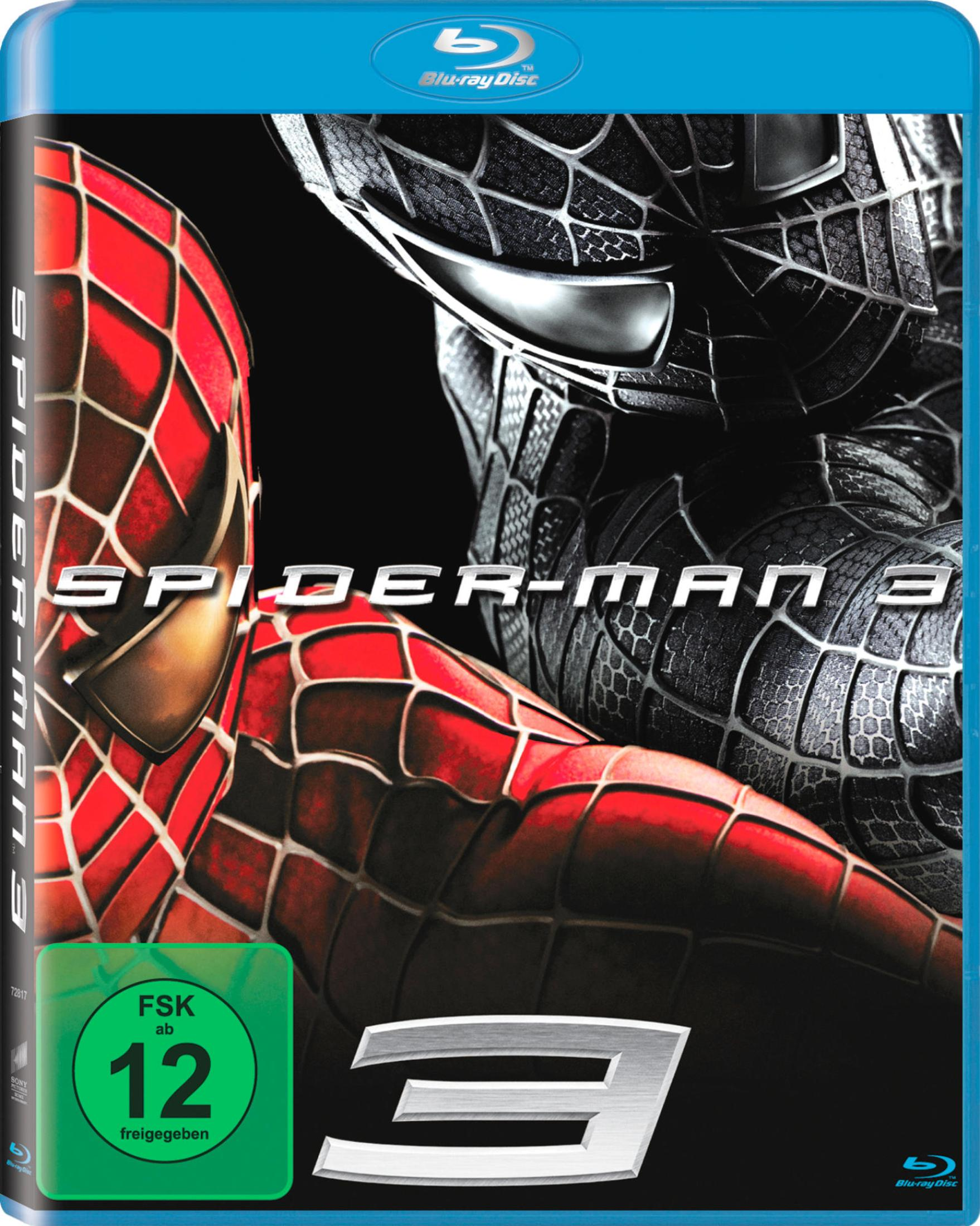 Couverture Blu-ray Spider-Man 3 avec gros plans des costumes rouge et noir.