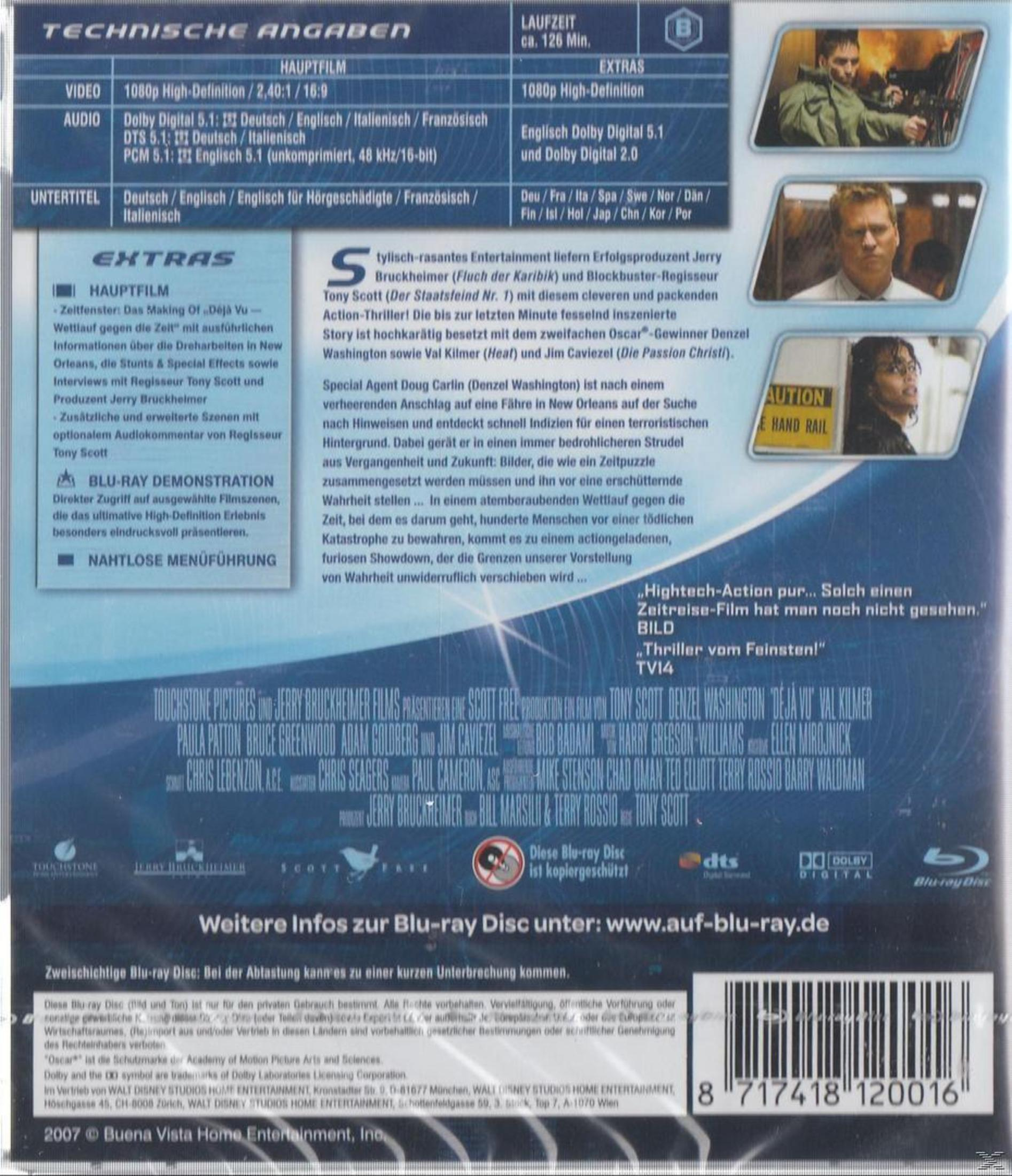 Rückseite einer blauen DVD-Hülle für den Film Deja Vu, mit Schauspielern und Filmdetails.