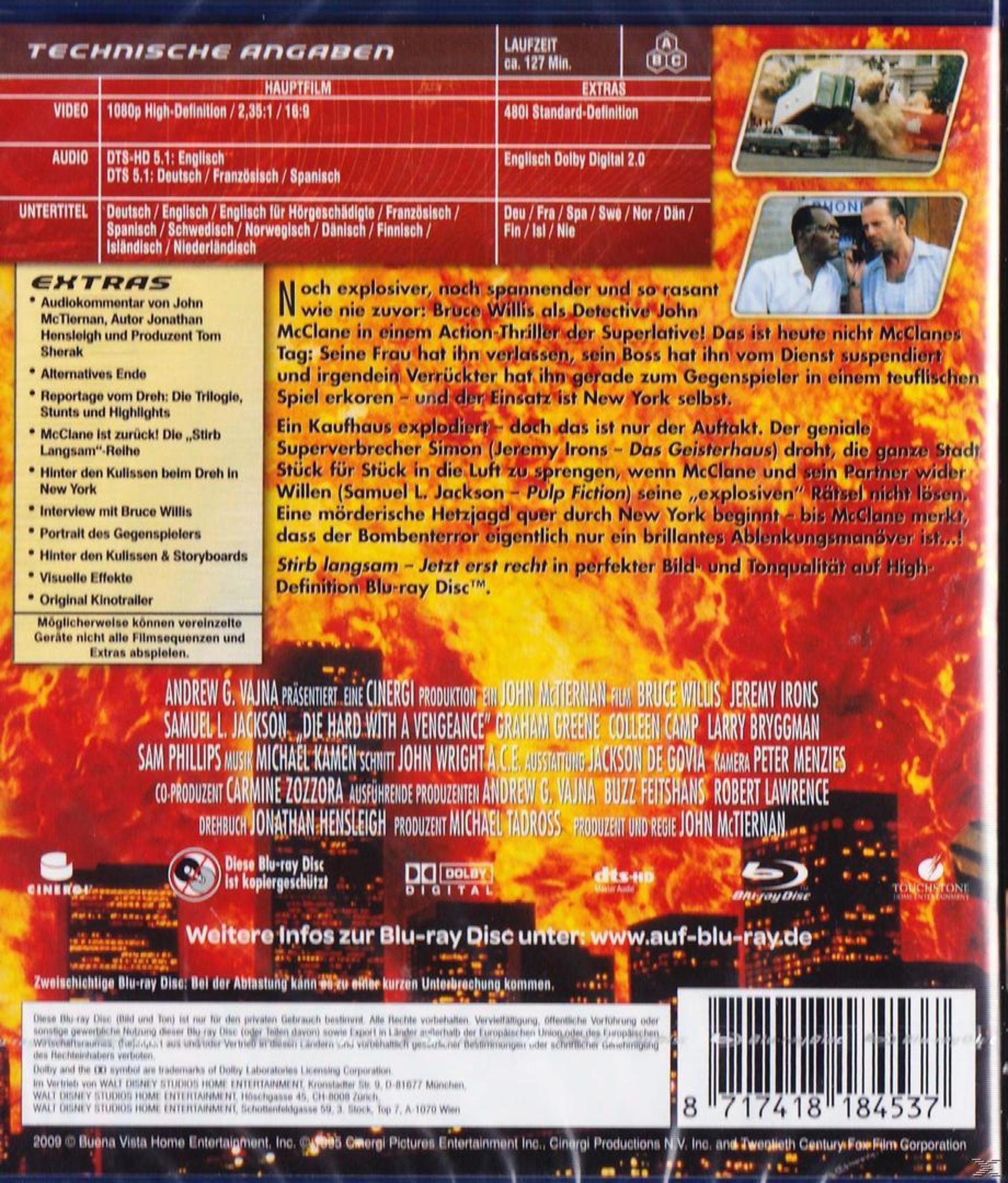 Die Rückseite der Stirb Langsam Blu-ray-Hülle. Sie enthält Informationen über den Film und seine technischen Daten.