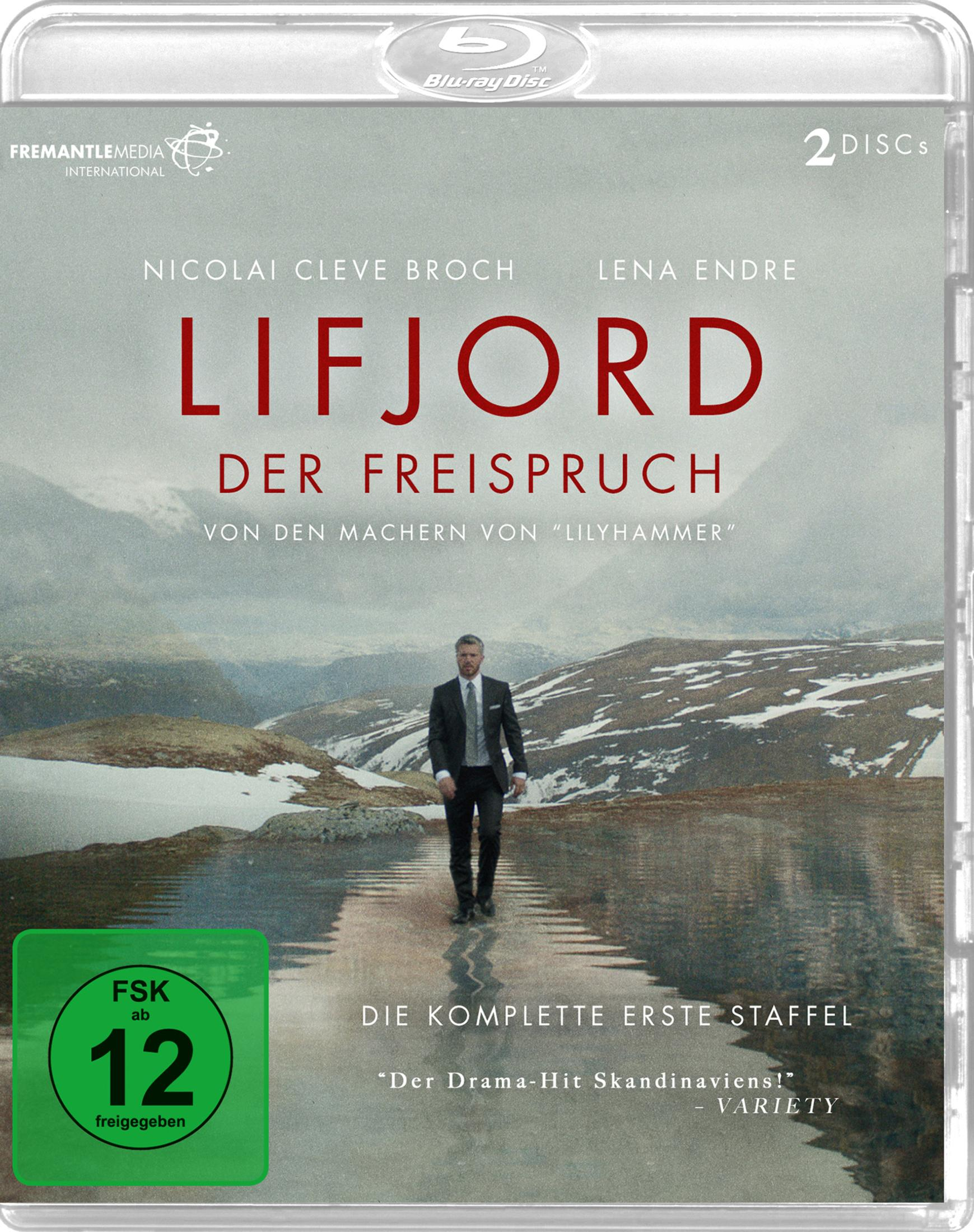 Homme en costume marche sur l'eau; titre "LIFJORD"