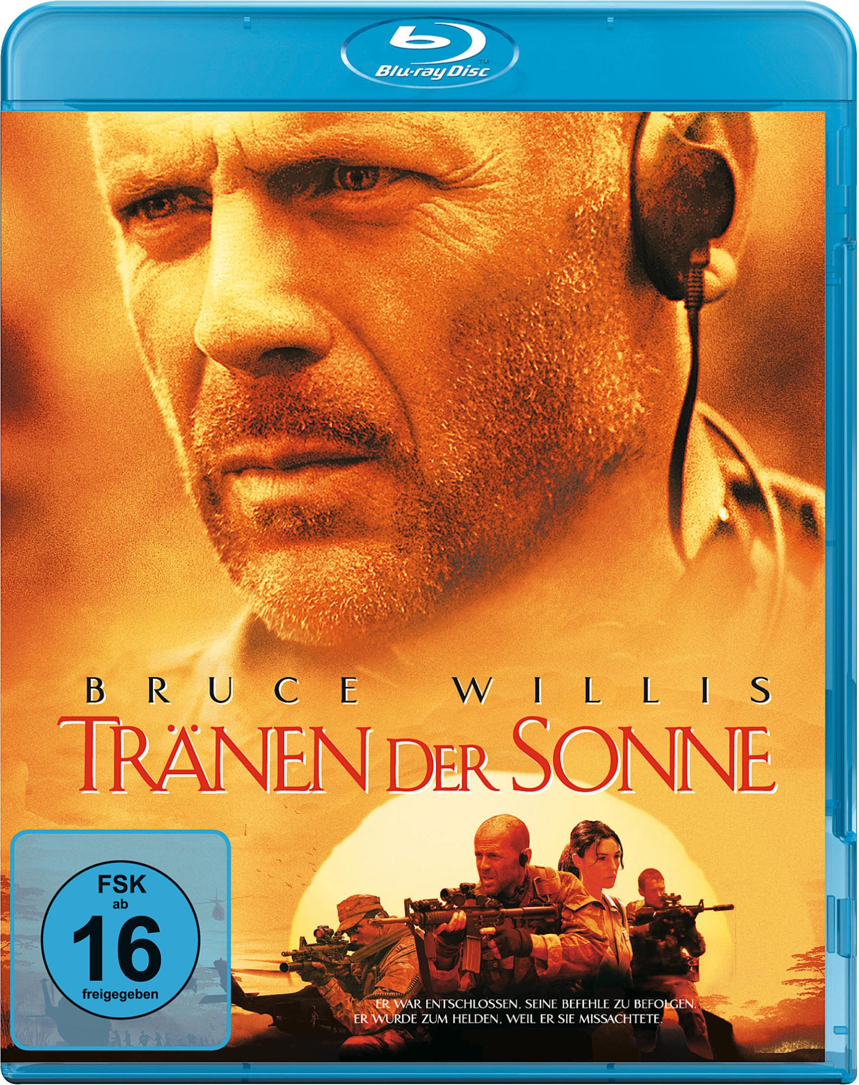 Bruce Willis et soldats dans le sable avec des armes. Pochette Blu-ray.