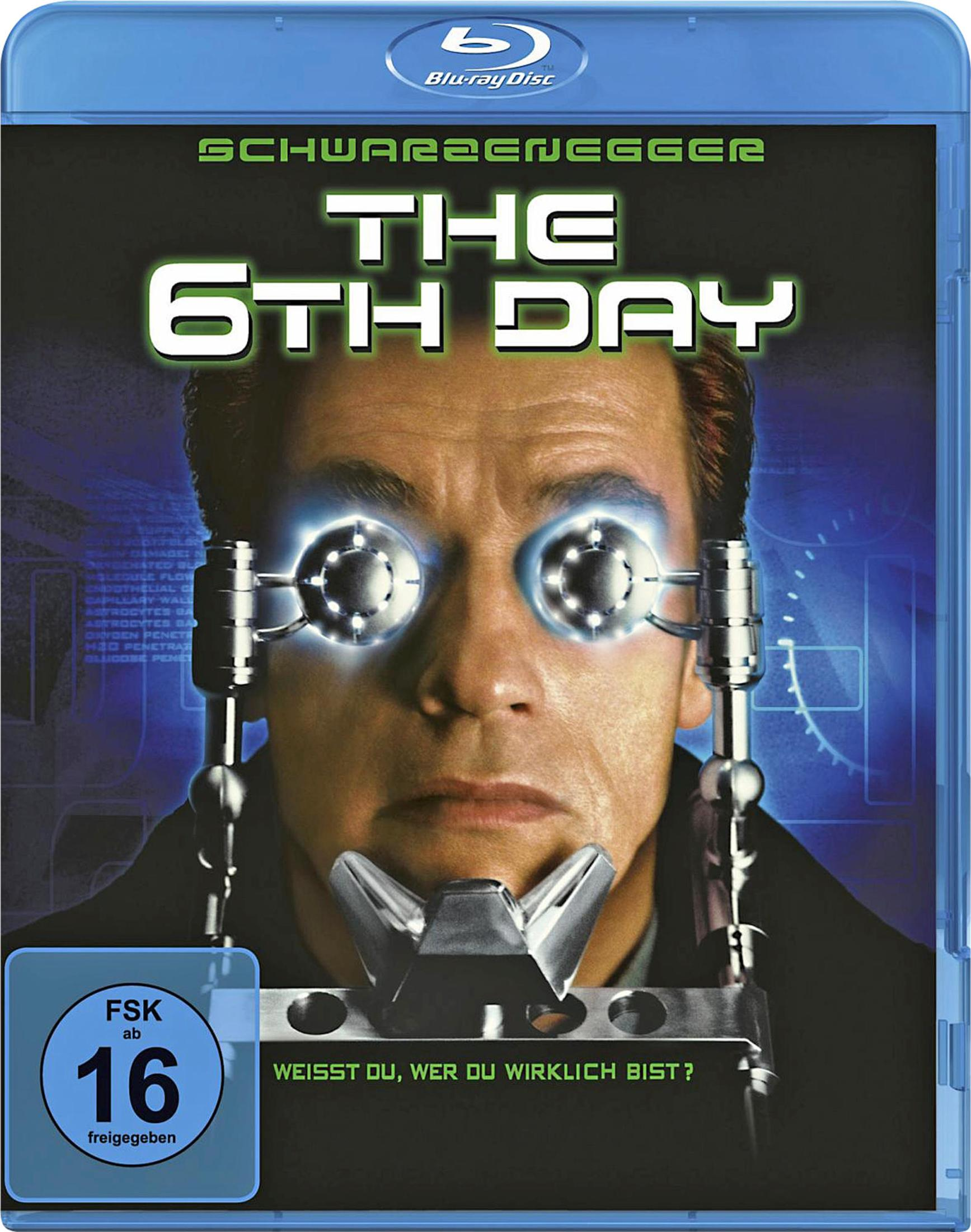 Arnold Schwarzenegger avec lunettes lumineuses, jaquette Blu-ray de 'The 6th Day'.