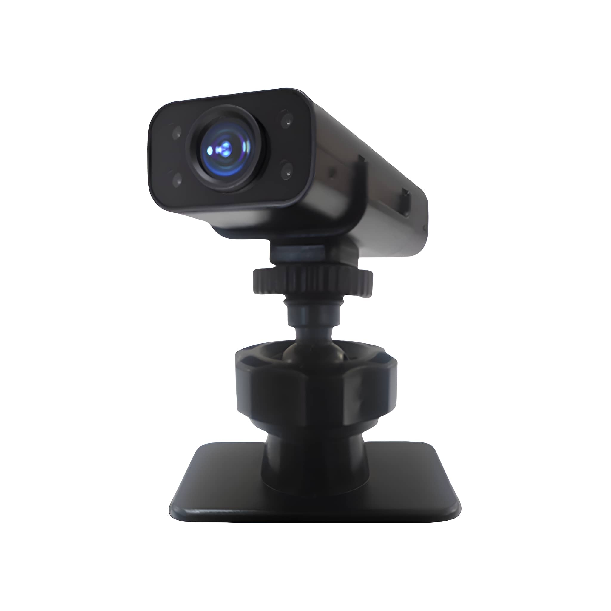 Schwarze Dashcam, kompaktes Design mit Linse, auf einem Ständer montiert.
