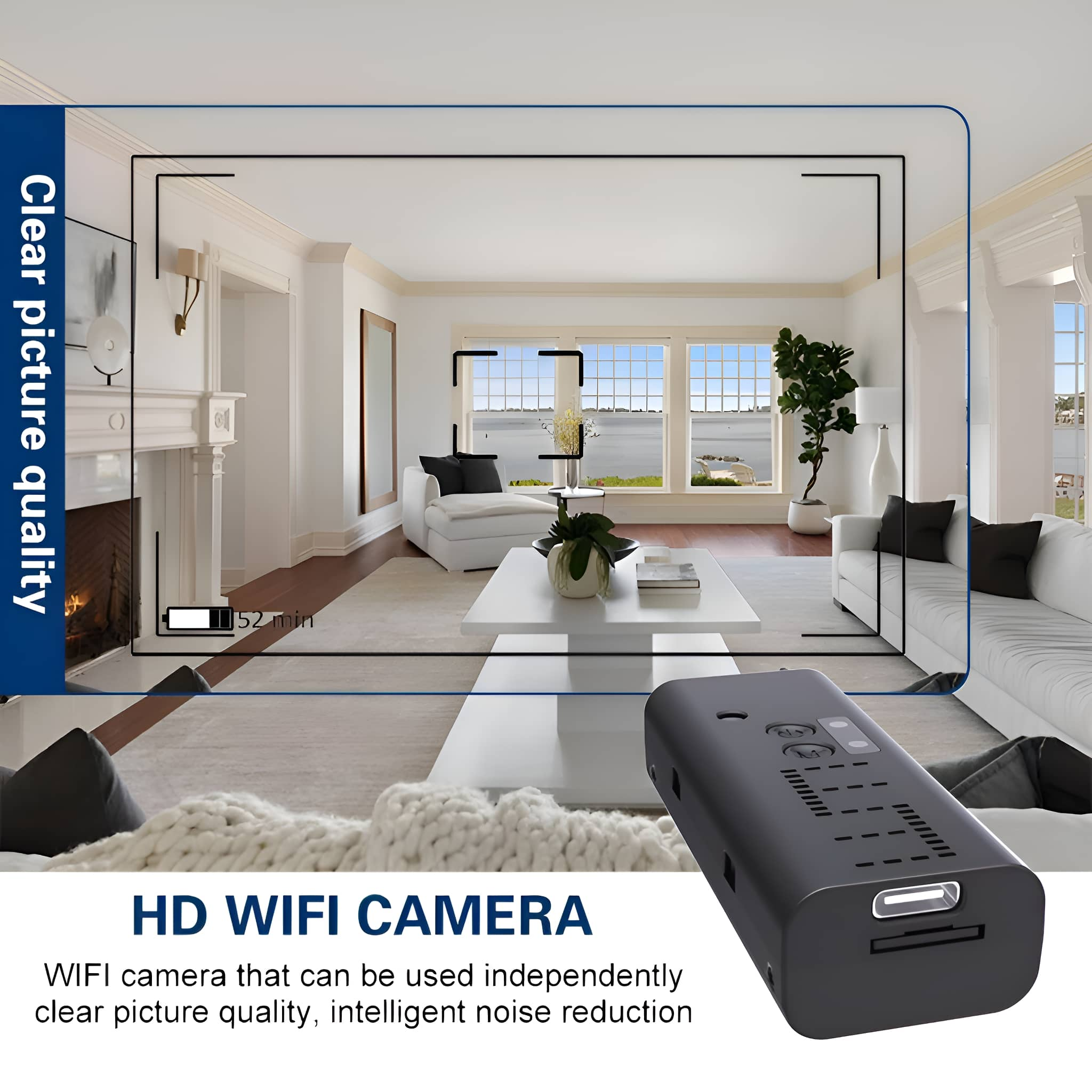HD-WLAN-Kamera mit Raumansicht und Akkuanzeige.