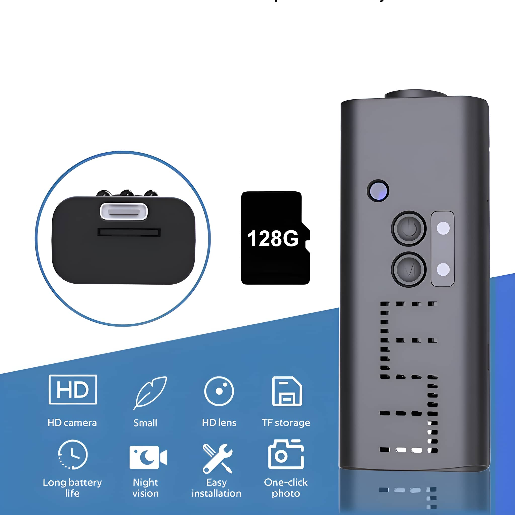 Schwarze Überwachungskamera mit Funktionen wie HD-Objektiv und TF-Speicher, neben einer 128G-Karte.