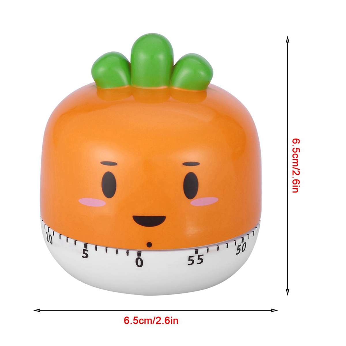 Orangener küchenwecker in Karottenform mit einem lächelnden Gesicht und weißem Sockel, mit Maßen.