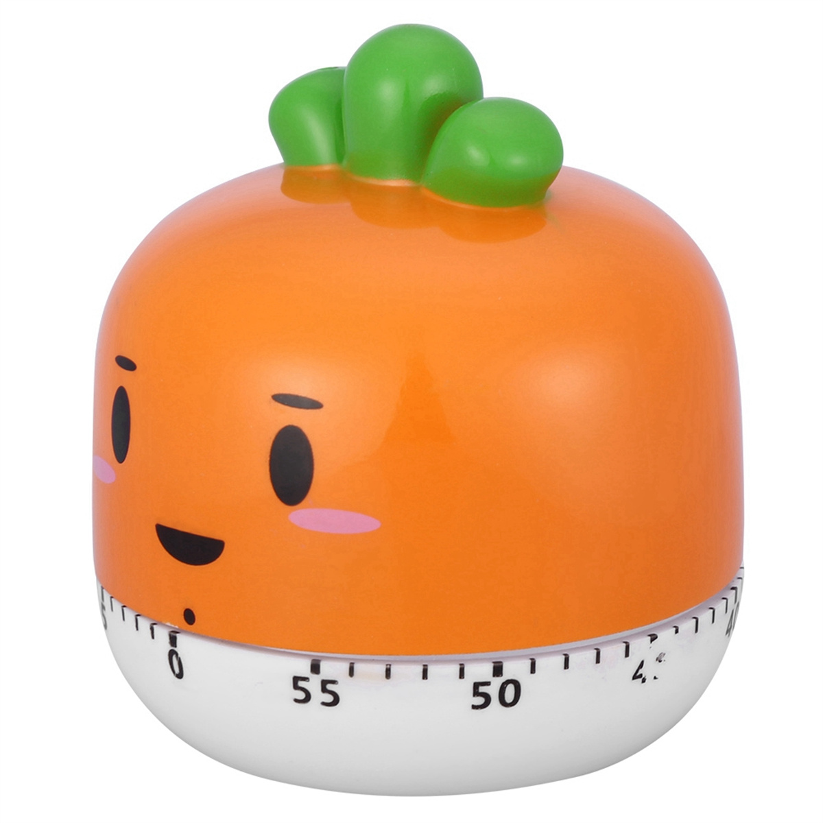 Orangener, karottenförmiger Küchentimer mit grünen Akzenten, weißer Sockel, lächelndes Gesicht.