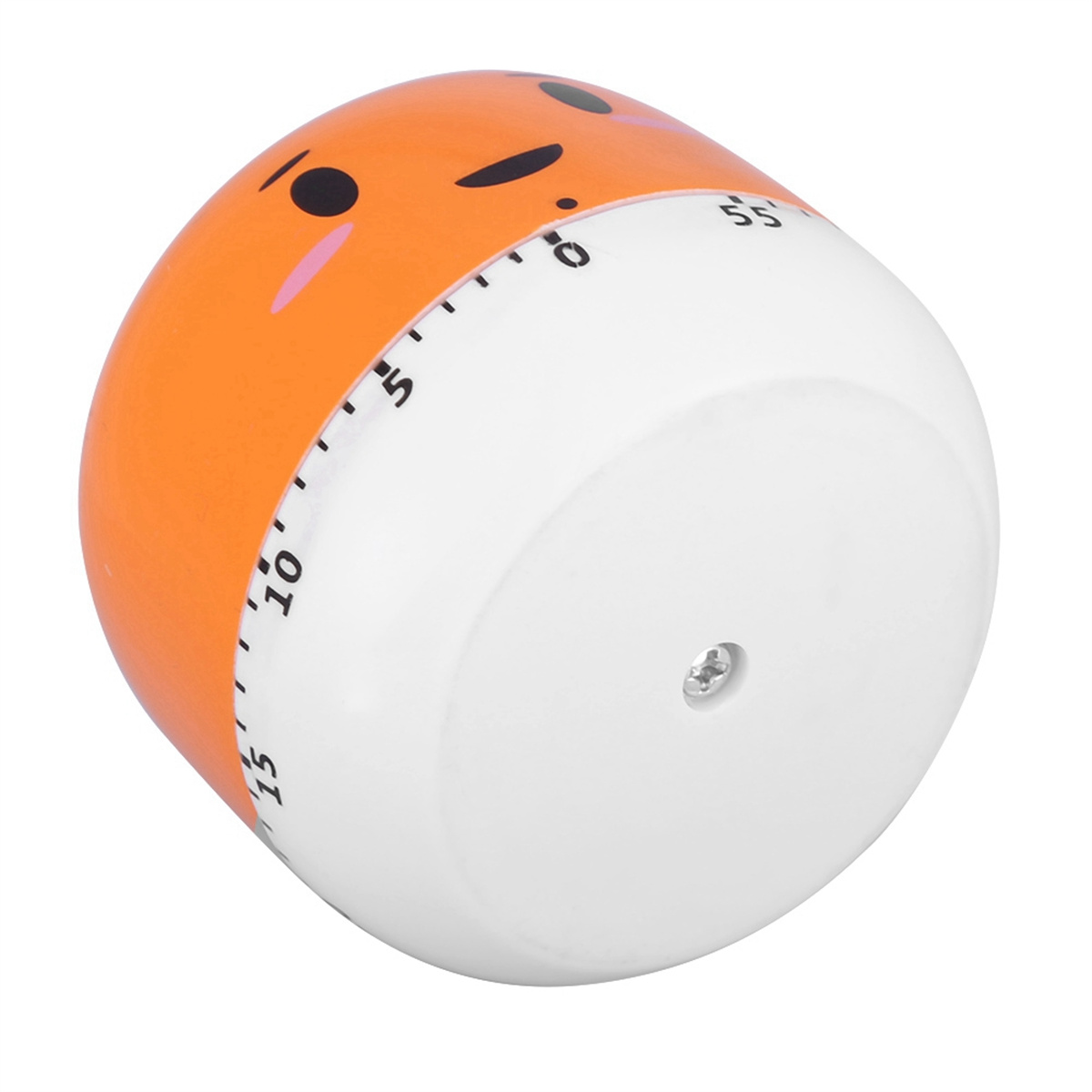 Orangener Timer in Eiform. Der Timer liegt auf der Seite, mit Zahlen und einem Cartoon-Gesicht. Weiße Oberfläche.