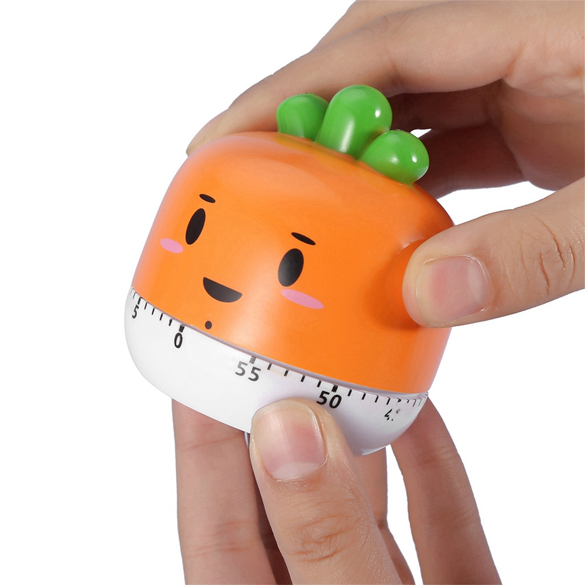 Karottenförmiger Timer, gehalten von Händen. Hat ein lächelndes Gesicht und eine Skala.