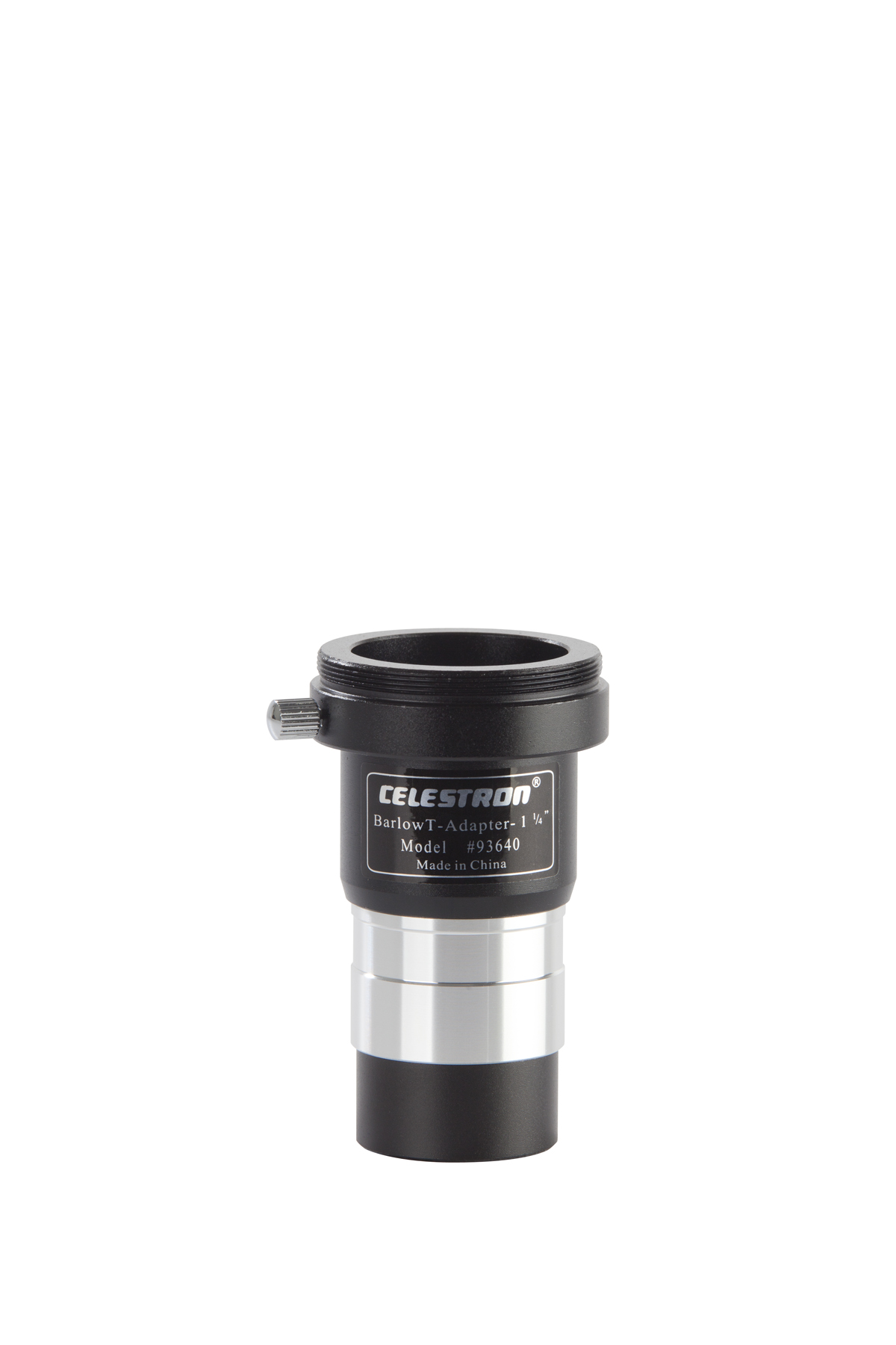 Schwarzer Celestron Barlow T-Adapter. Silbernes Band und Modellinformationen.