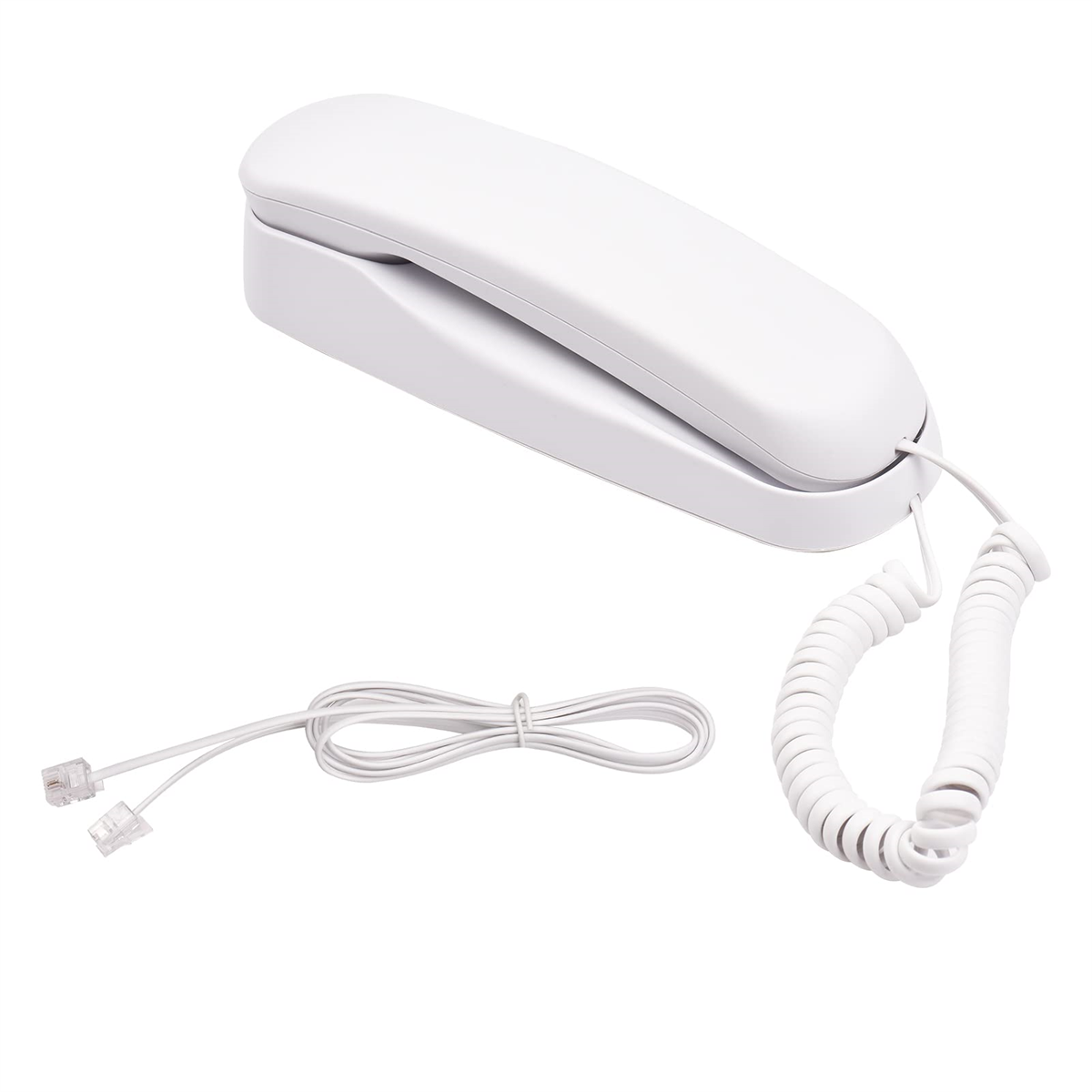 Ein weißes Telefon mit Kabel und zwei Steckern.