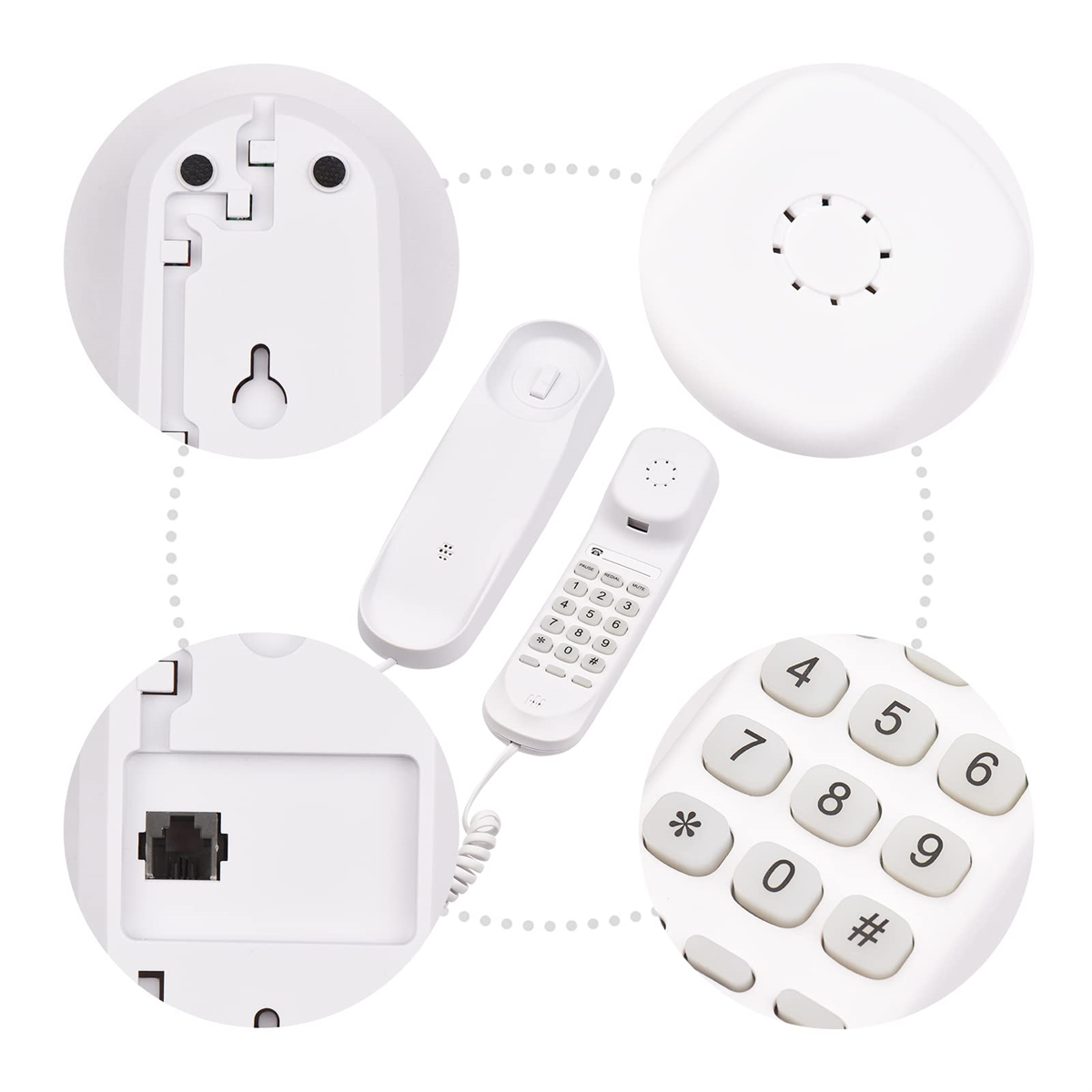 Ein weißes Telefon mit Details seiner Teile. Es zeigt die Tastatur, die Basis, die Buchse und andere Details.