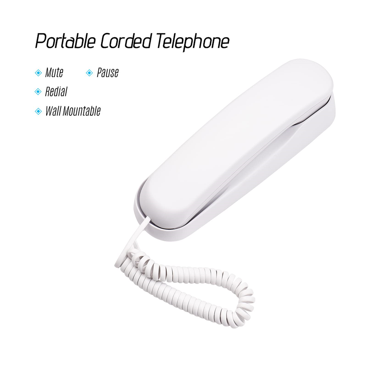 Weißes schnurgebundenes Telefon mit Stumm-, Pause-, Wahlwiederholungs- und Wandmontage-Funktionen.