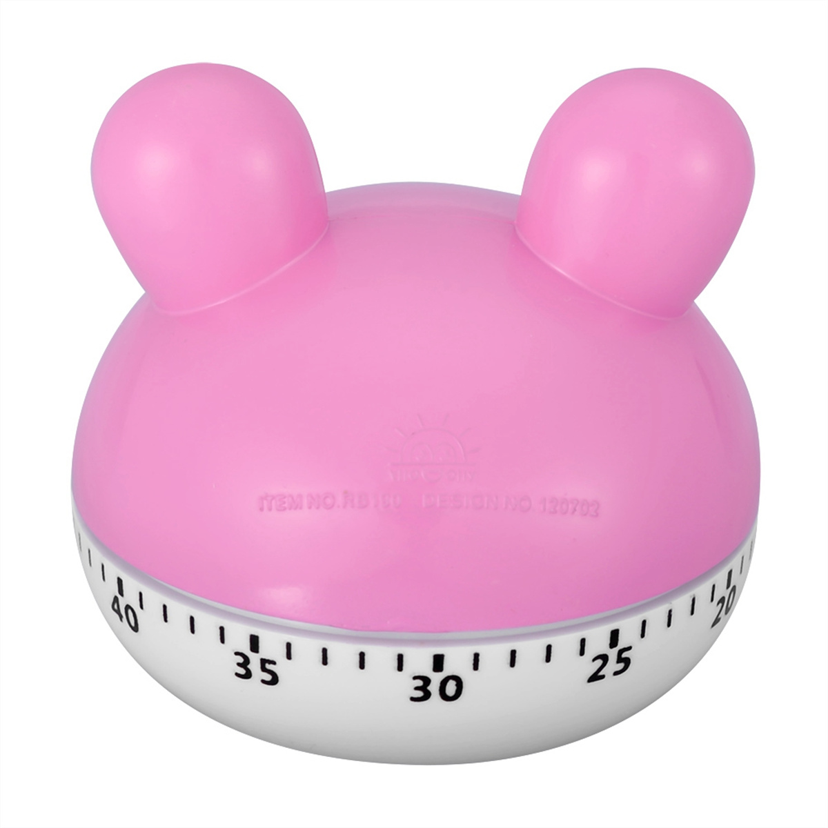 Ein rosa Kaninchen-förmiger Timer, mit weißer Basis und Drehscheibe mit Zahlen.