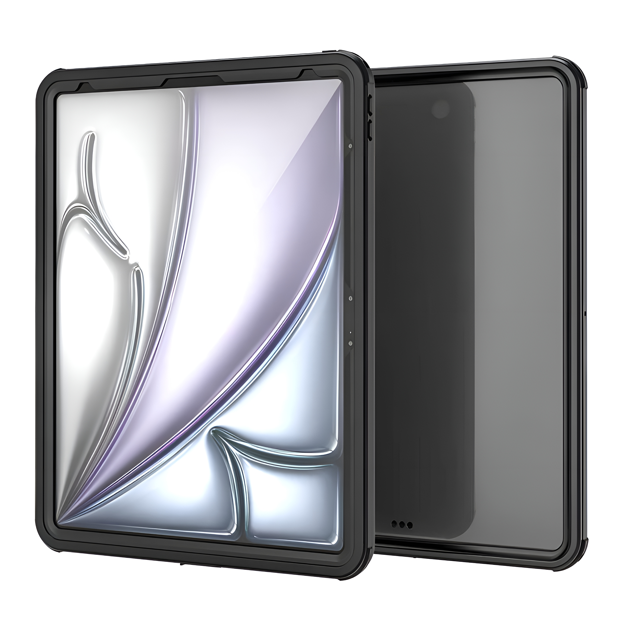 Ein Tablet in einer schwarzen Schutzhülle. Die Hülle ist offen und der Bildschirm sichtbar.