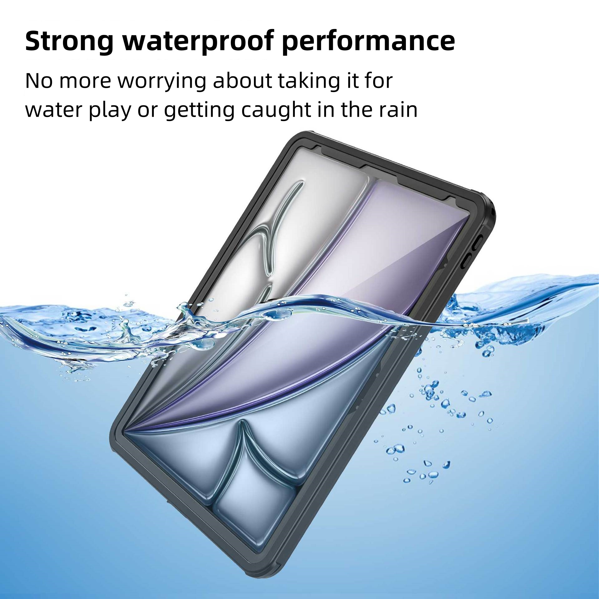 Eine Handyhülle unter Wasser. Das Telefon befindet sich in der Hülle. Text lautet 'Starke wasserdichte Leistung'.