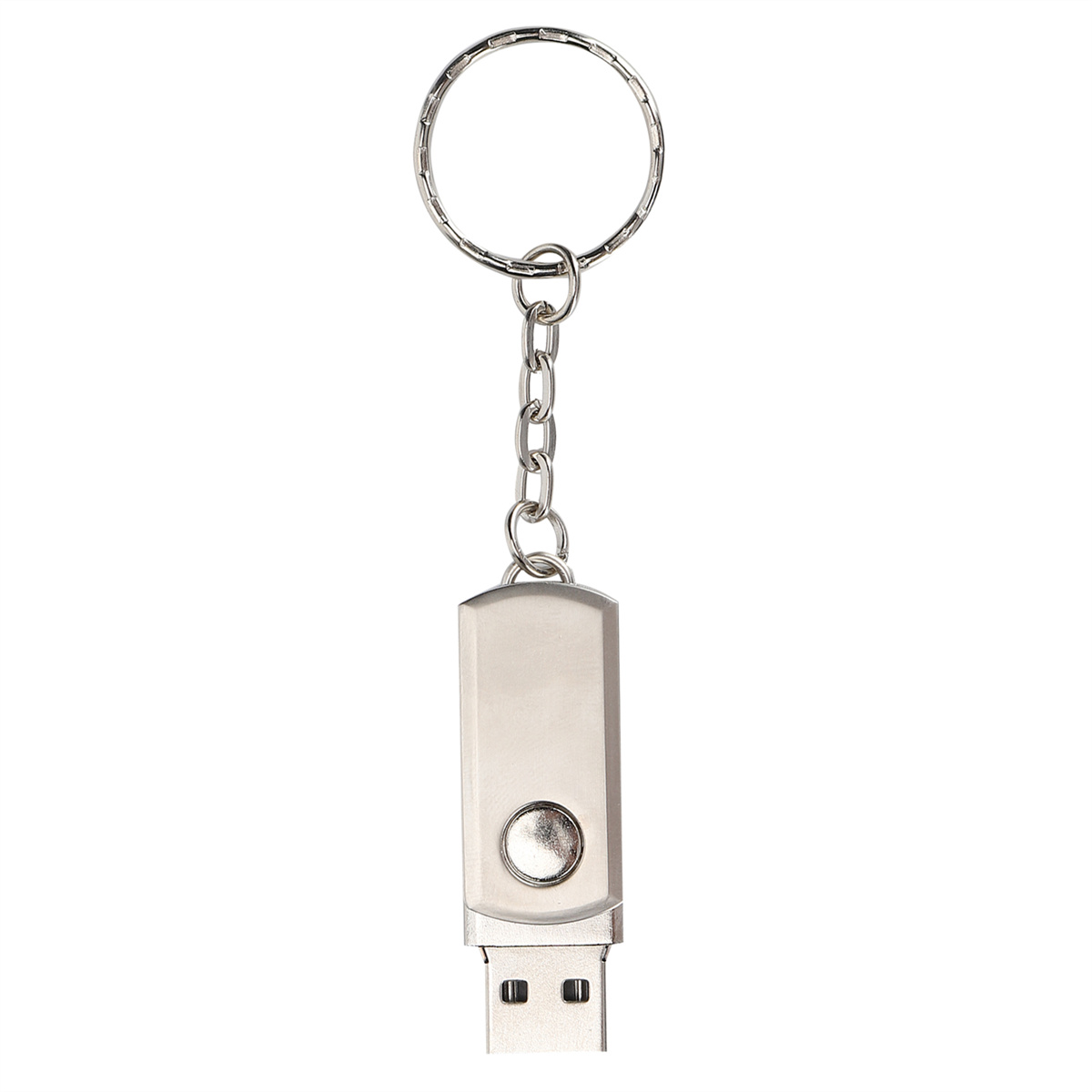 Silberner USB-Stick an einer Kette. Silberner Ring. Weißer Hintergrund.