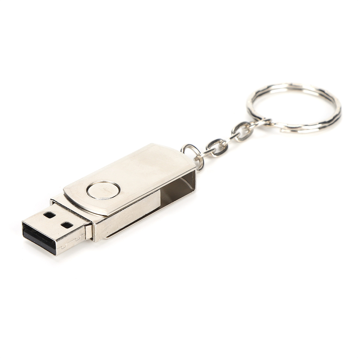Ein silberner USB-Stick mit Schlüsselring. Es ist ein kleines, rechteckiges Gerät mit USB-Anschluss.
