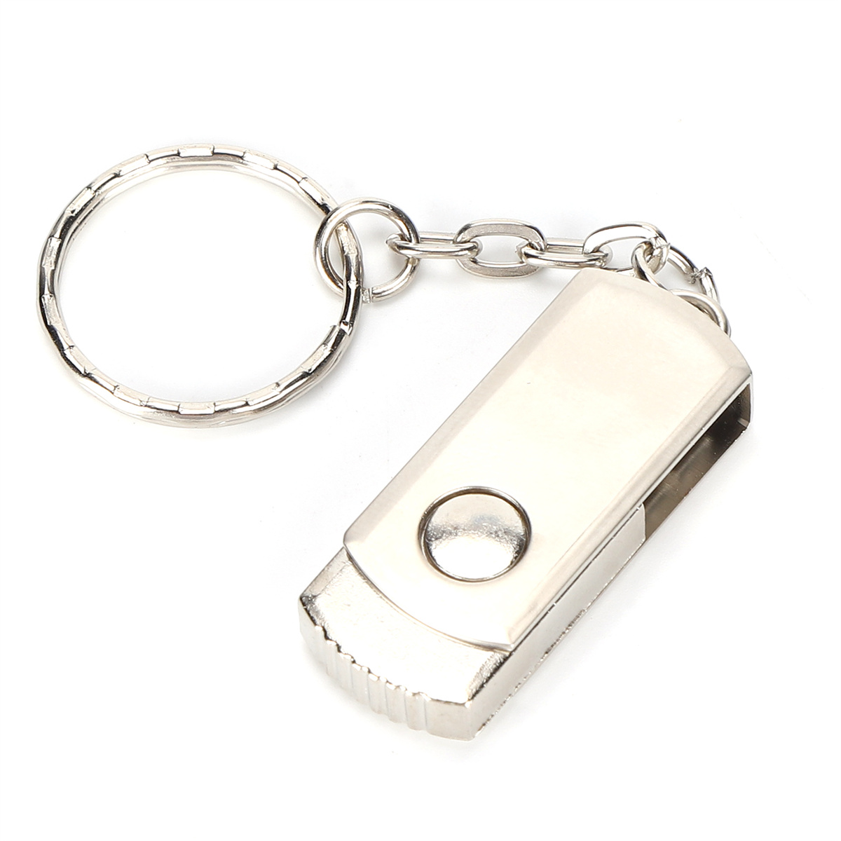 Ein silberner USB-Schlüsselanhänger mit Ring und Kette.