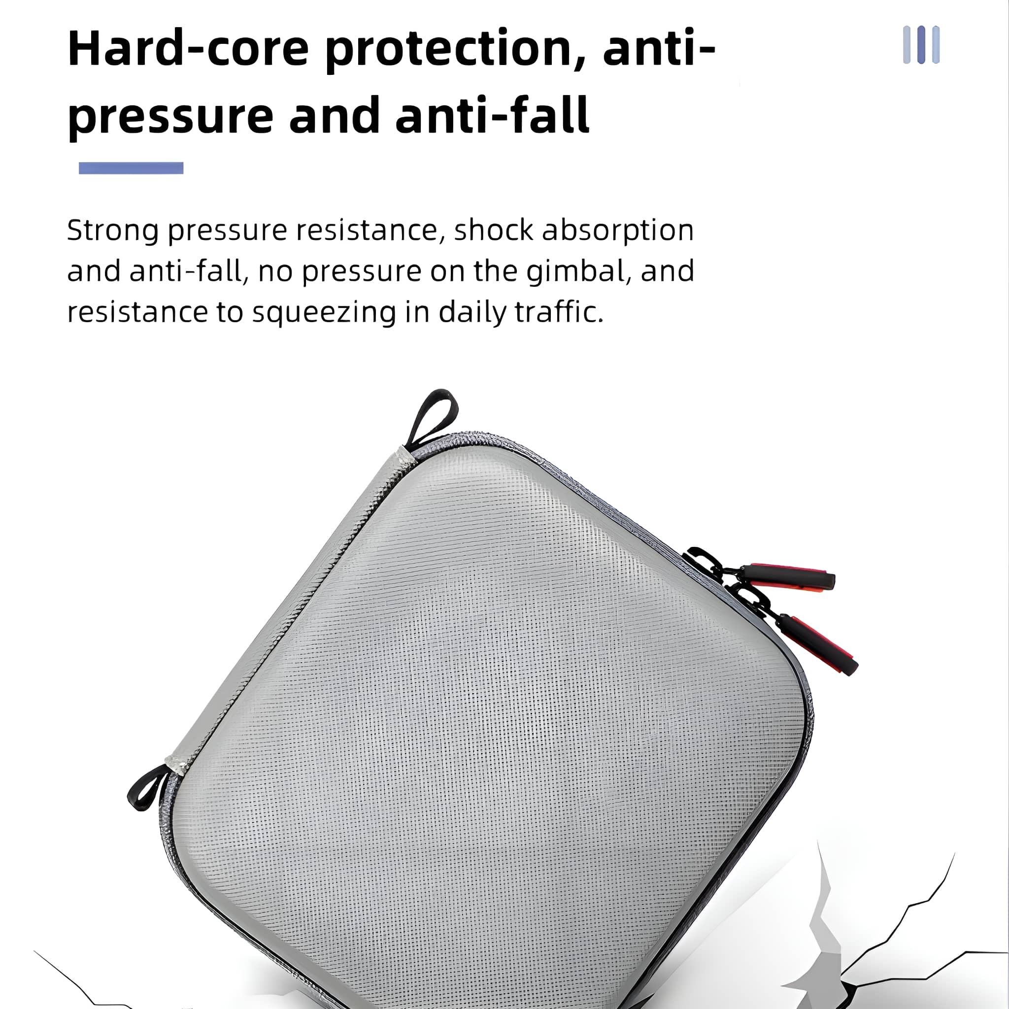 Graues, strukturiertes Etui mit Reißverschluss und roten Akzenten. Text: 'Hard-core protection'.