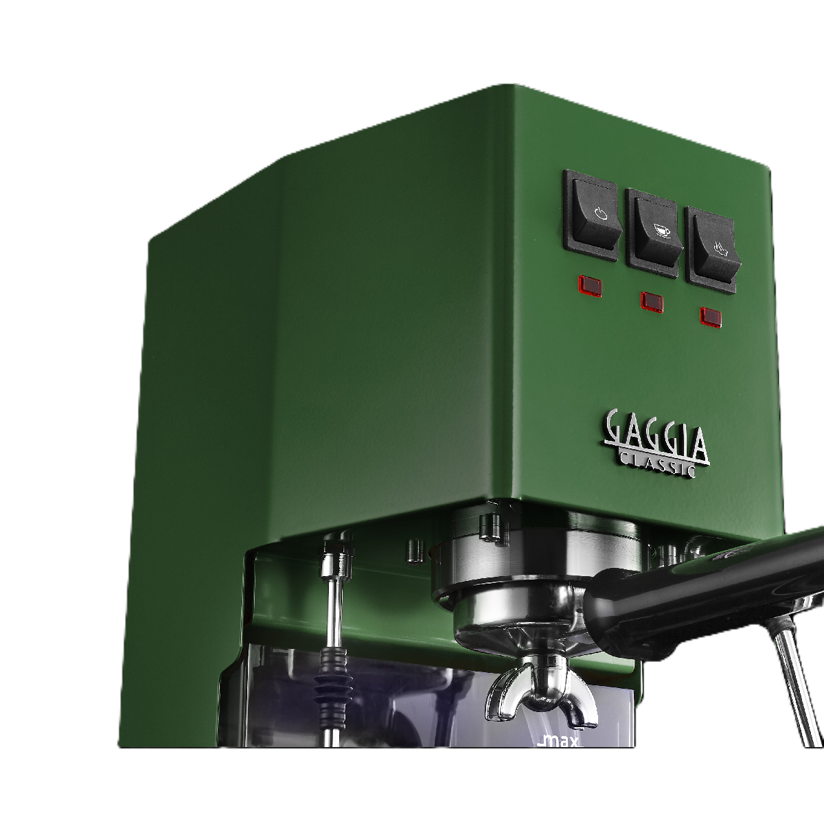 Grüne Gaggia Classic Espressomaschine, mit Knöpfen und Siebträger.