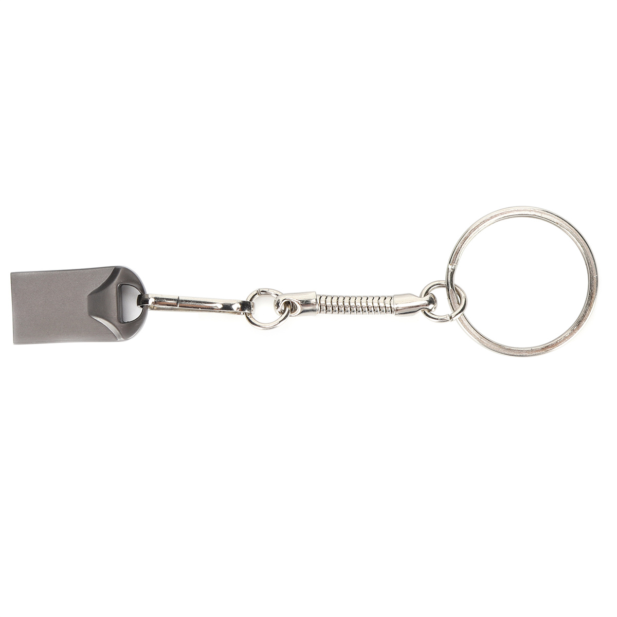 Grauer USB-Stick an einer silbernen Kette mit Schlüsselring. Der Hintergrund ist weiß.