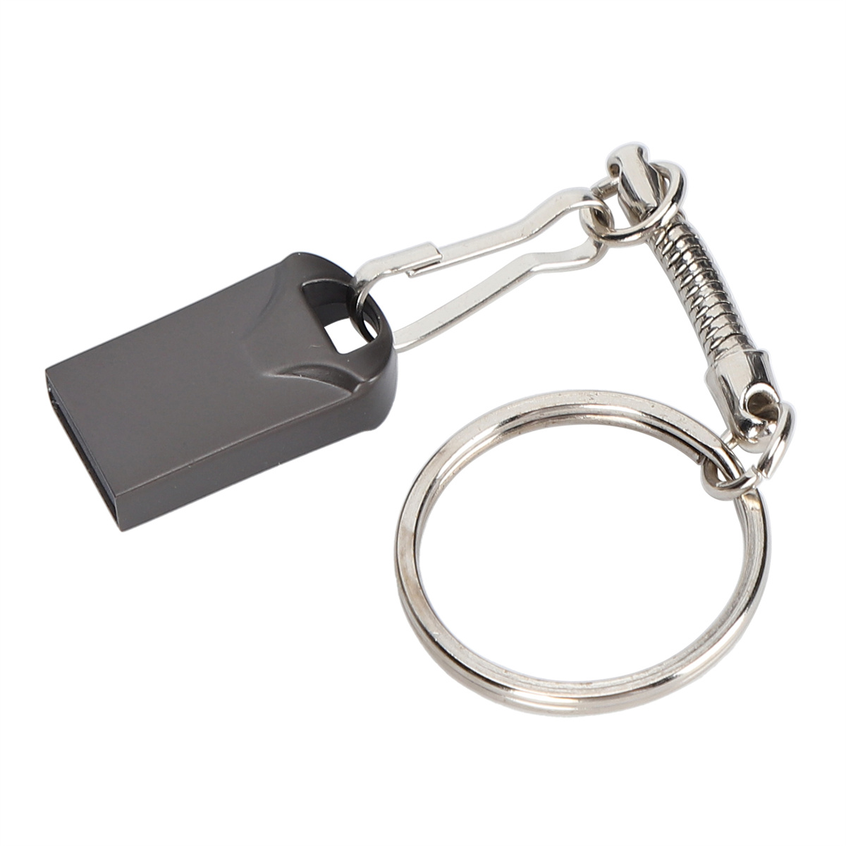 Silberner Schlüsselanhänger mit einem schwarzen USB-Stick. Weißer Hintergrund.