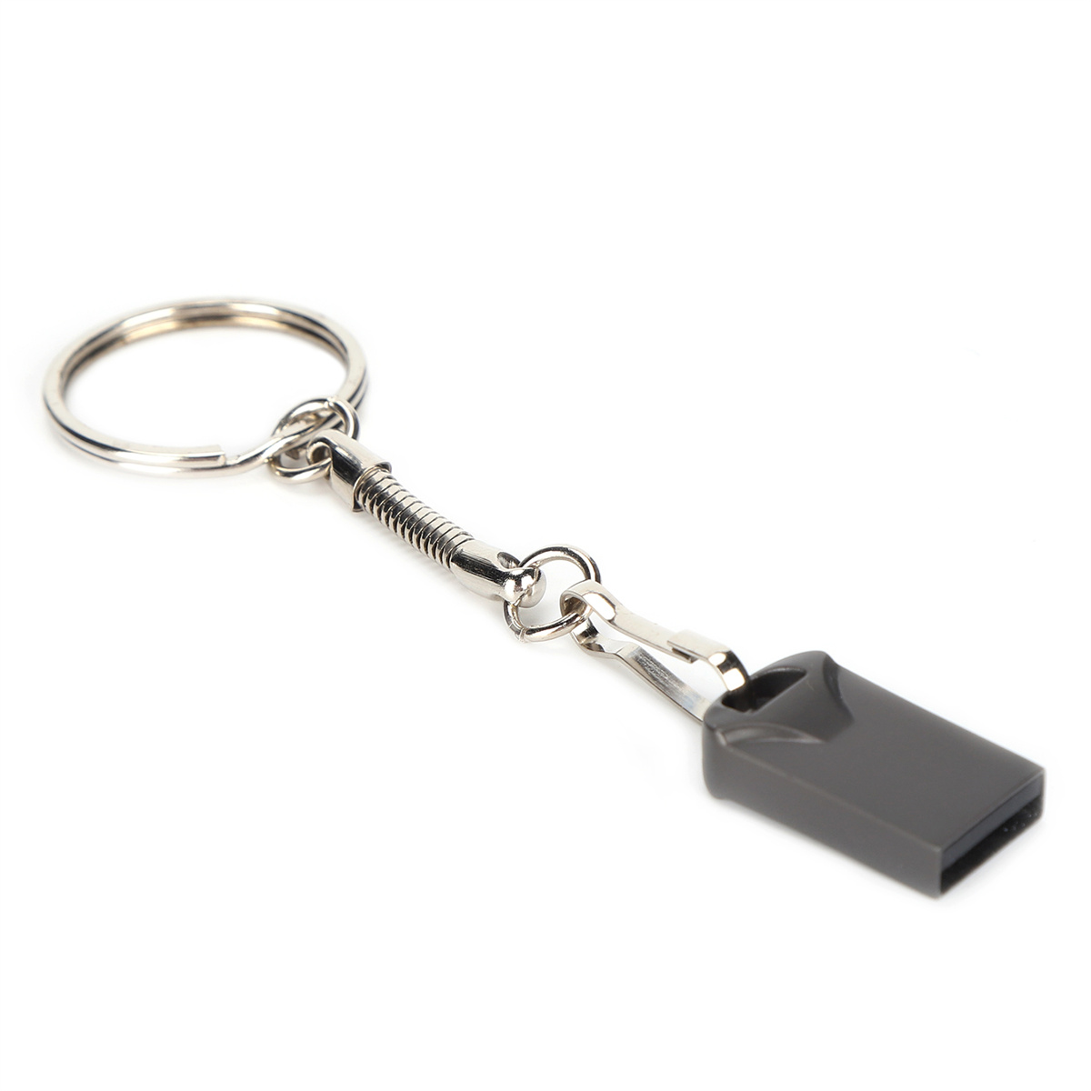 Ein grauer USB-Stick an einem Schlüsselanhänger, mit silbernem Ring und weißem Hintergrund.