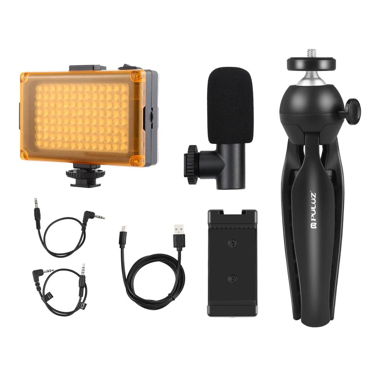 Verschiedenes Foto-/Videozubehör: Licht, Mikrofon, Stativ, Kabel und Telefonhalter, alles schwarz.