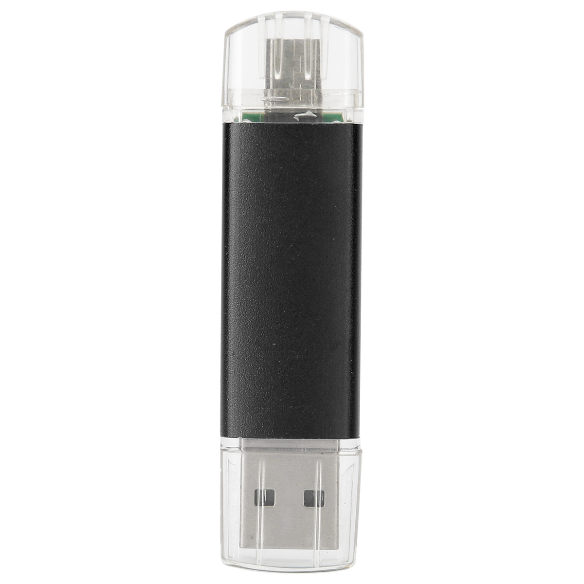 Ein schwarzer und klarer USB-Stick. Er hat eine schwarze Mitte und klare Kunststoffenden.