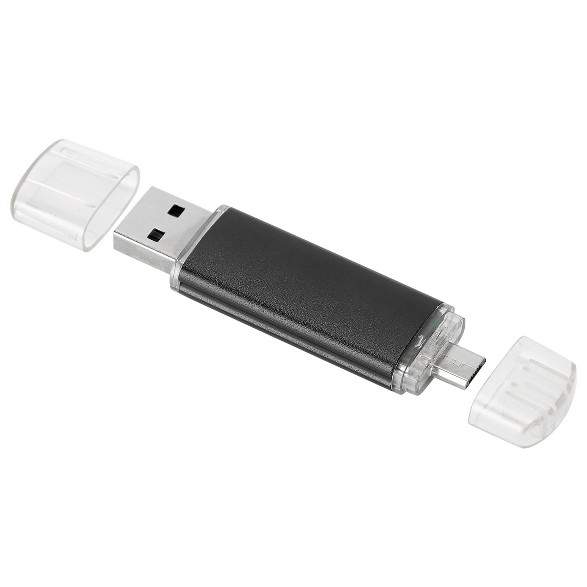 Ein schwarzer USB-Stick mit zwei transparenten Kappen, eine davon abgenommen.