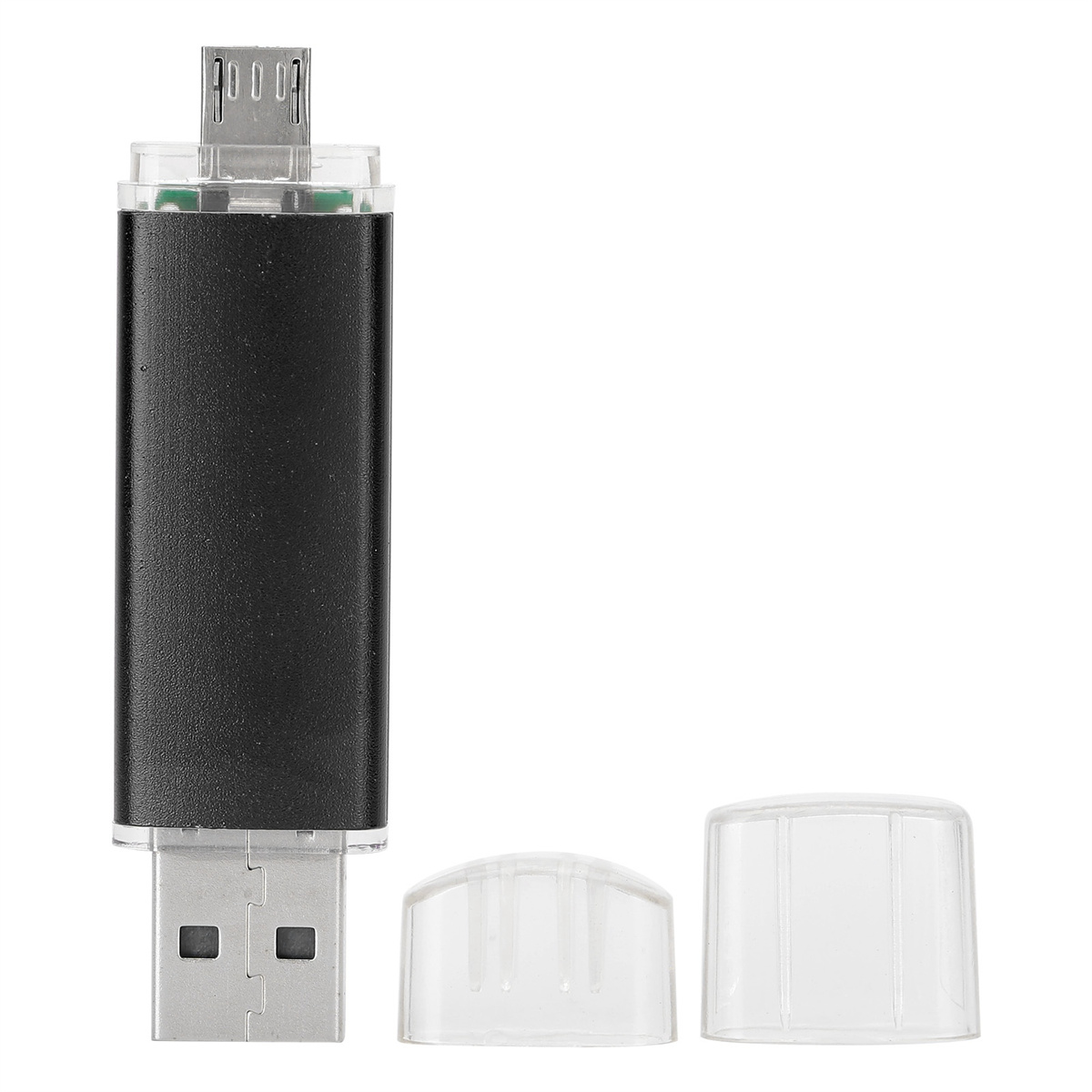 Schwarzer und silberner USB-Stick mit durchsichtiger Plastikkappe. Die Kappe ist ab.