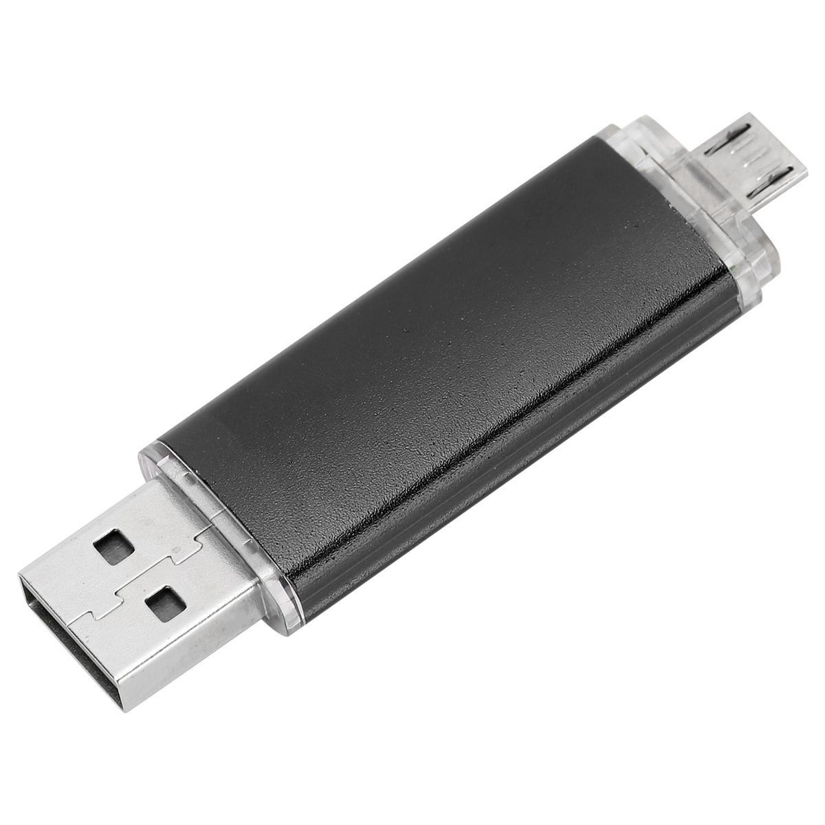Schwarzer USB-Stick mit USB-Anschluss und Micro-USB-Anschluss am anderen Ende.