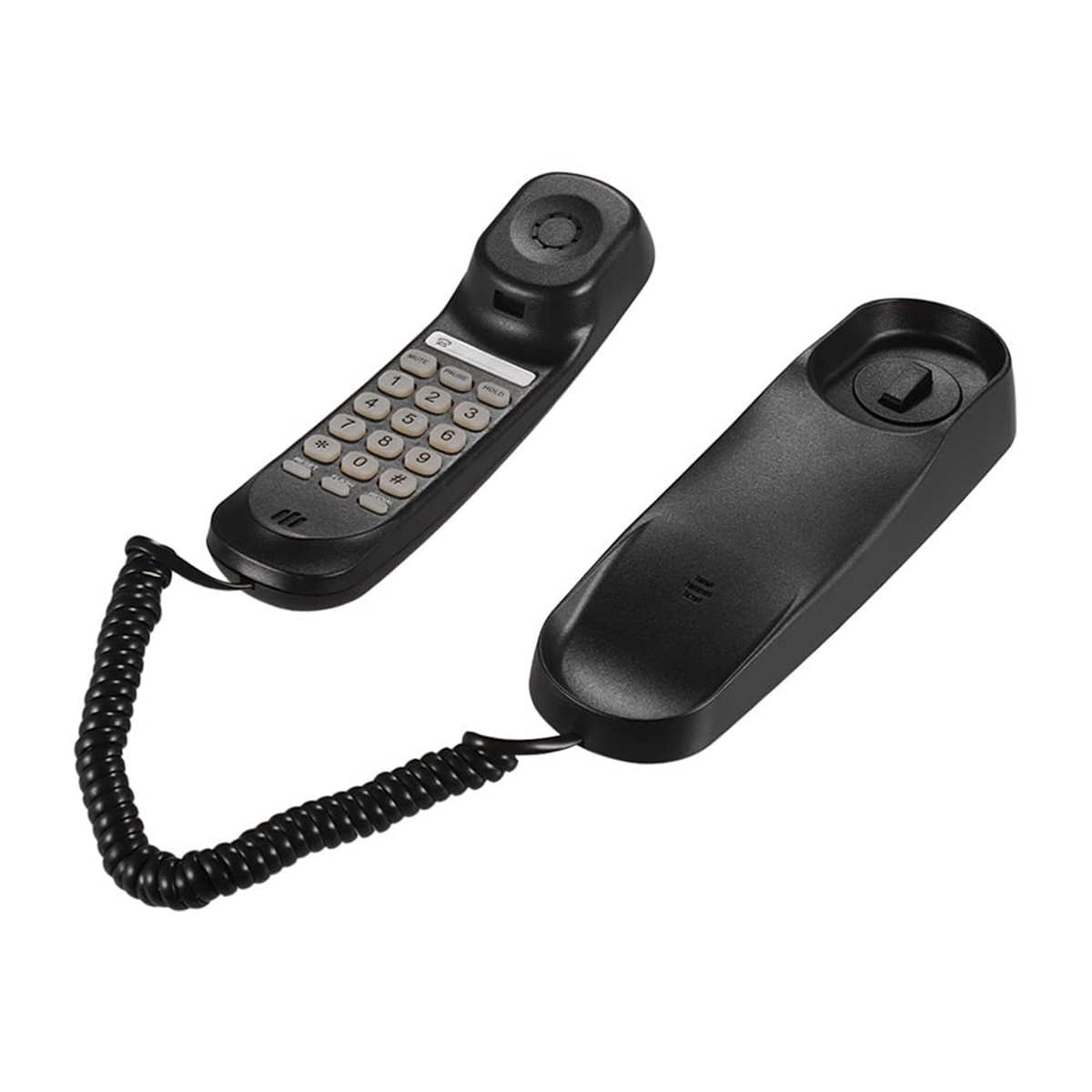 Zwei schwarze Telefone. Eines ist ein Hörer, das andere ist die Basis mit den Nummern.